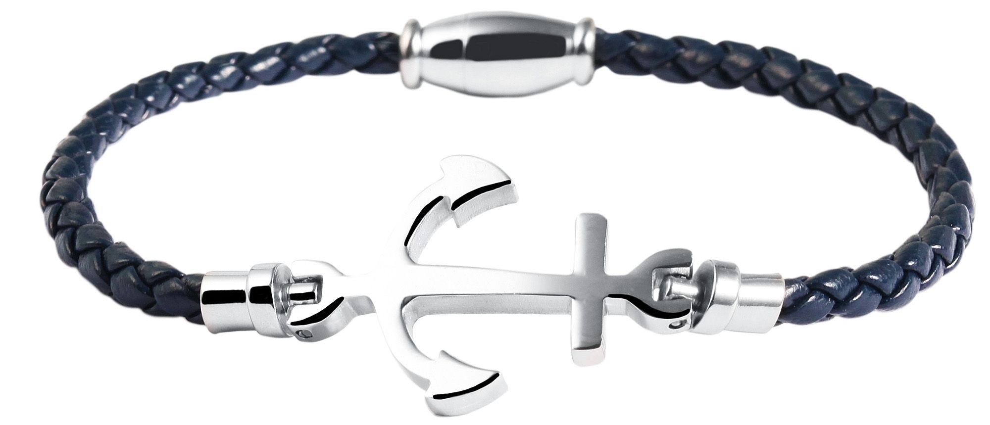 Akzent Echtlederarmband, dunkelblau, geflochten, mit Edelstahlelement Anker, silberfarben