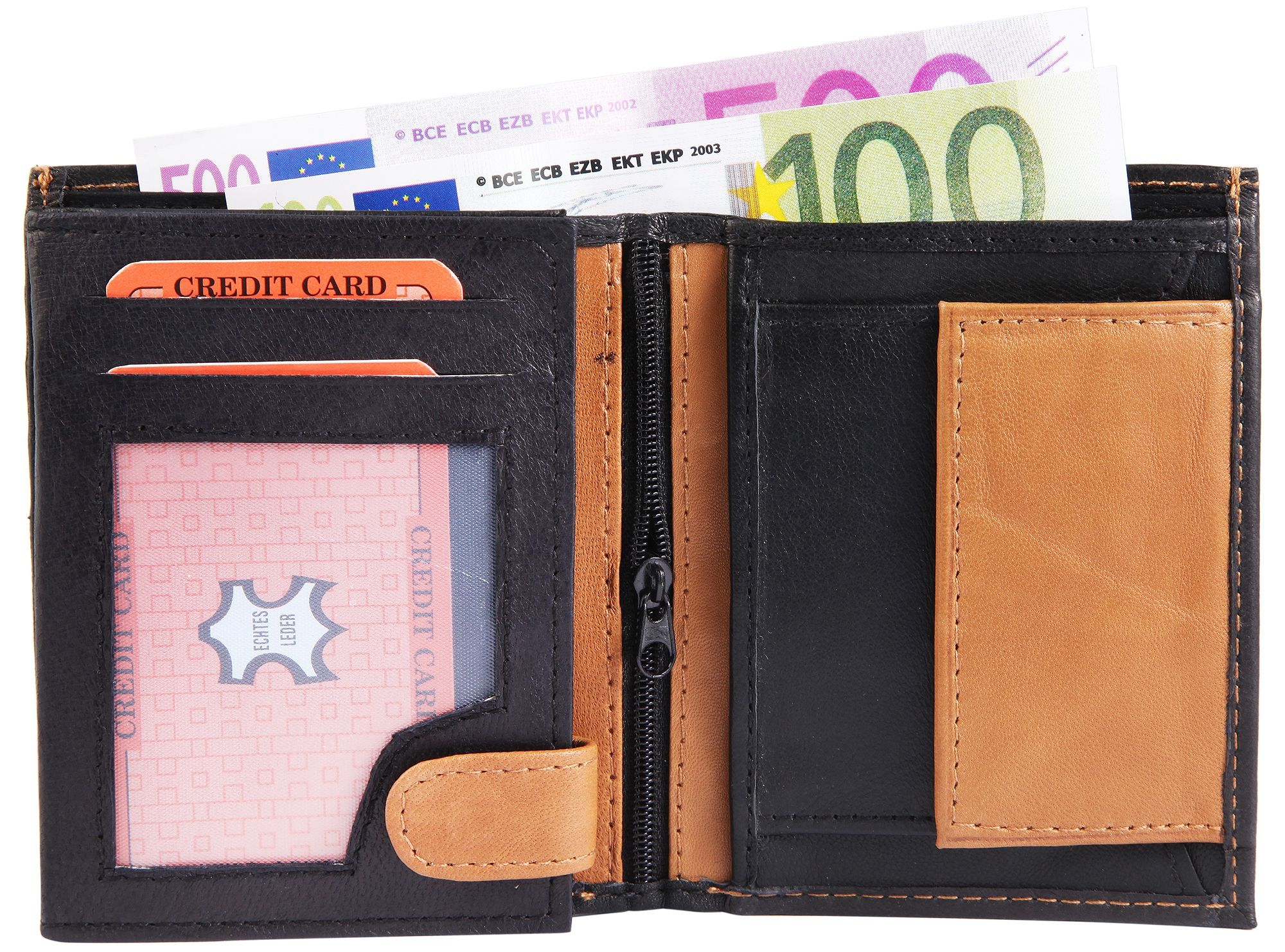 Steinmeister Herrengeldbörse aus Echtleder, Hochformat, schwarz/hellbraun