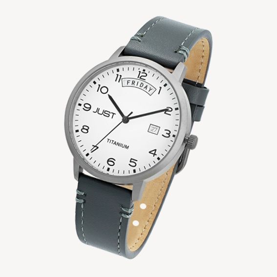 JUST "Fanis" Titan Herrenuhr mit Echtlederarmband, 5 ATM, grau