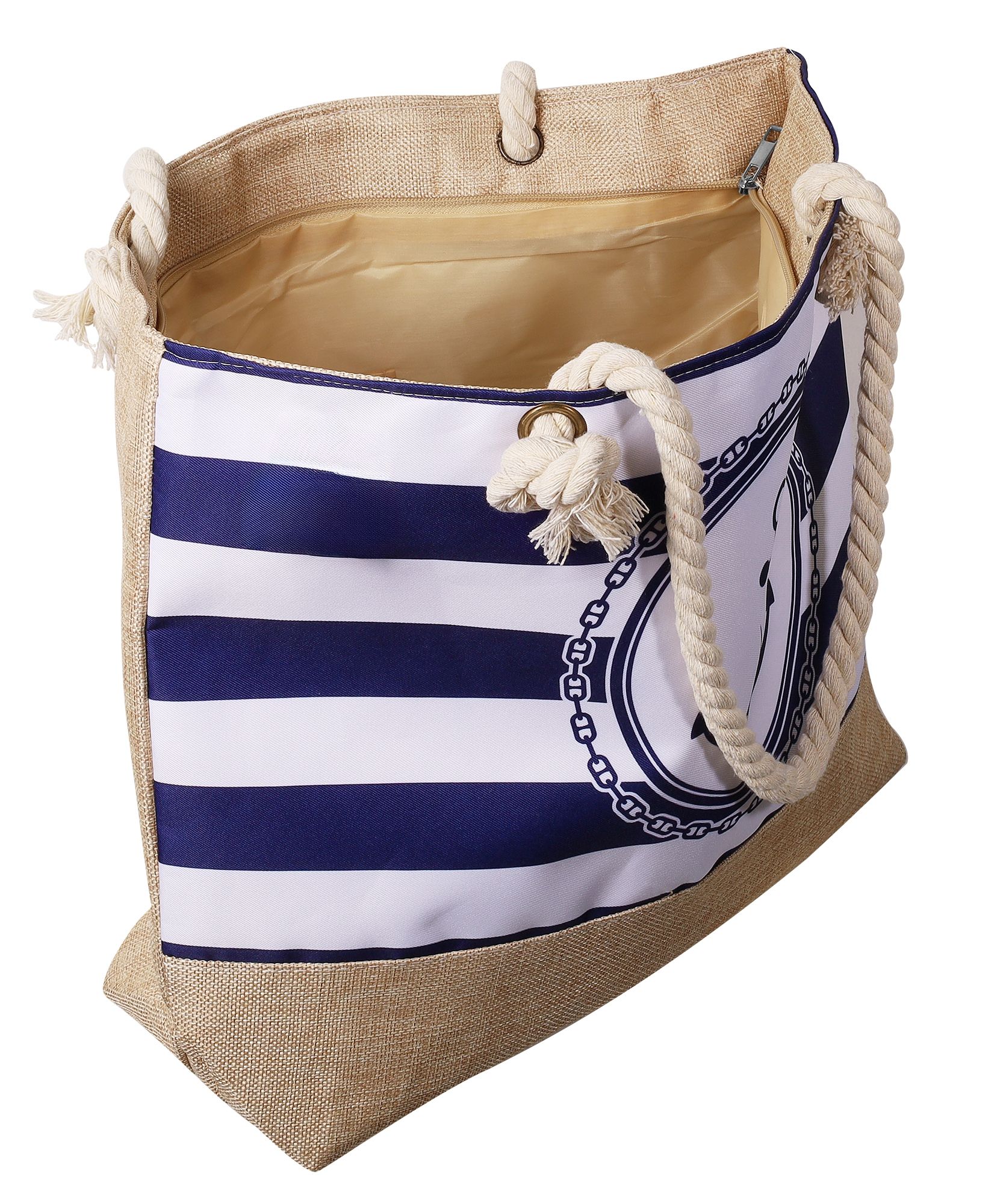 Strandtasche mit maritimen Motiven, blau/weiß gestreift