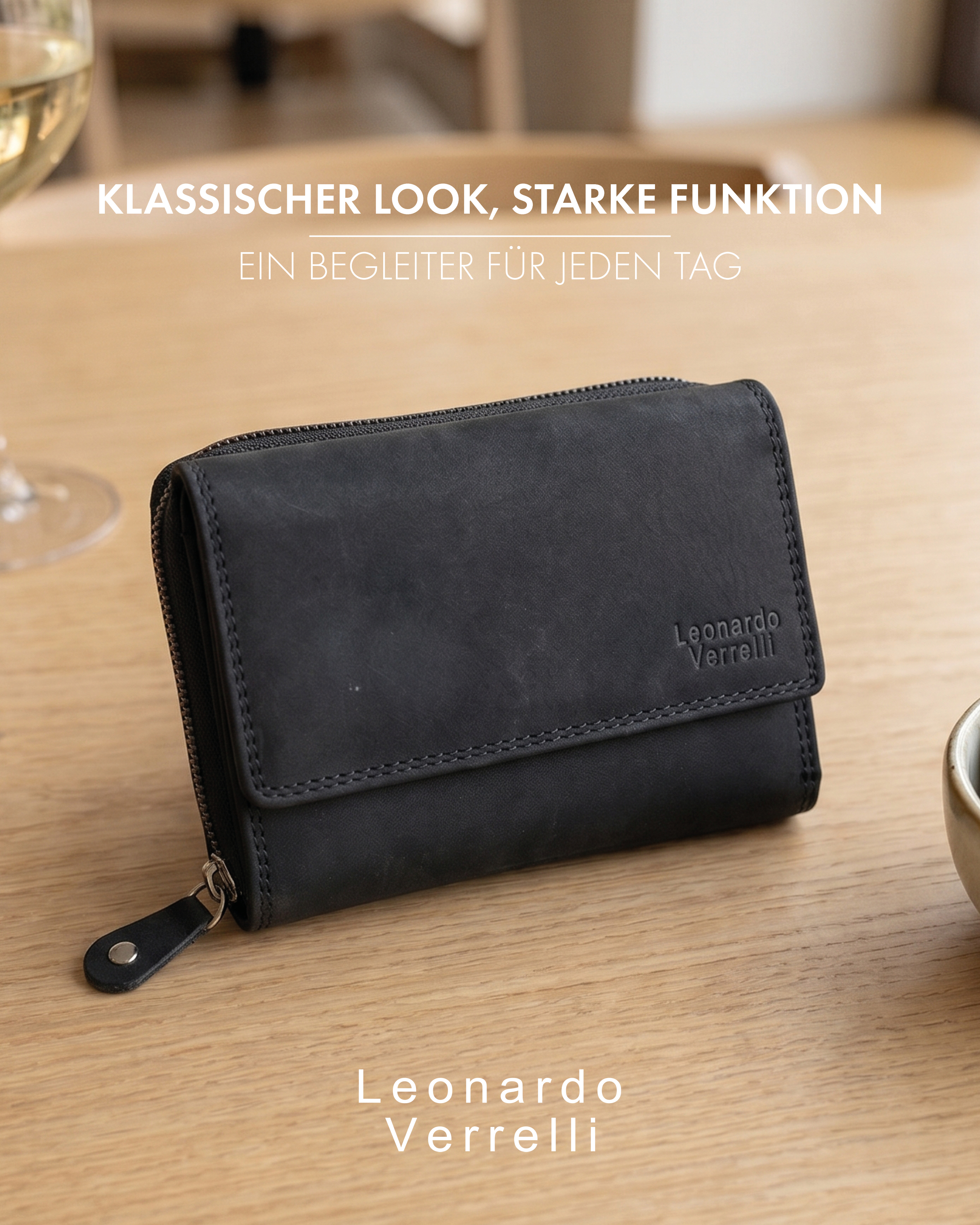 Leonardo Verrelli Echtleder (Hunter) Damen Geldbörse, Querformat, RFID, schwarz