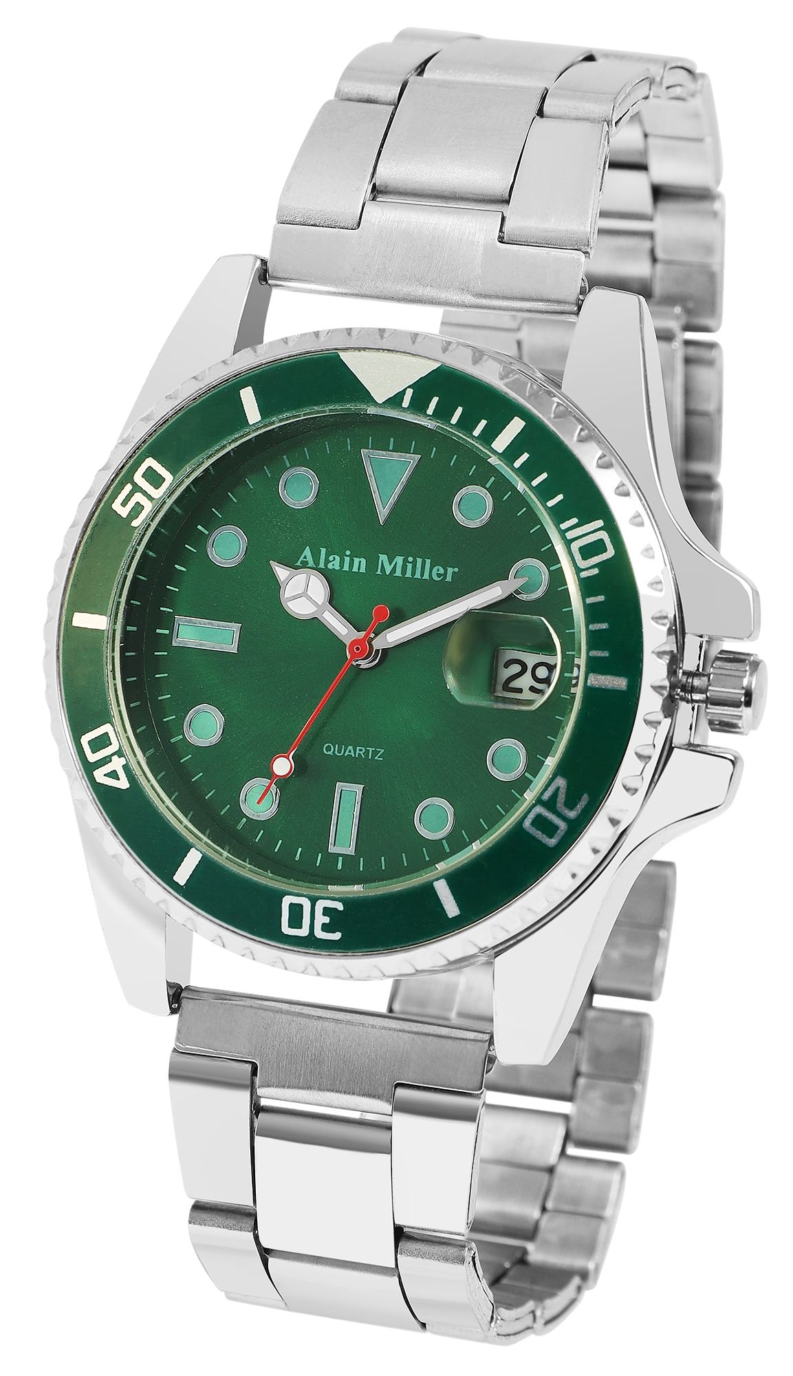 Alain Miller Herrenuhr mit Edelstahlarmband, Ø 39 mm, silberfarben/ grün