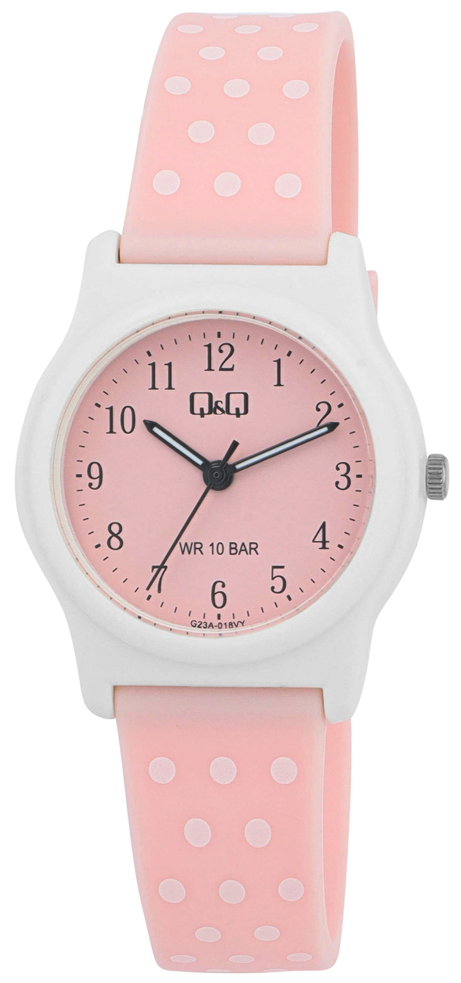 Q&Q Kinderuhr Ø 31 mm, Resinband, rosa/ weiß - Punktemuster