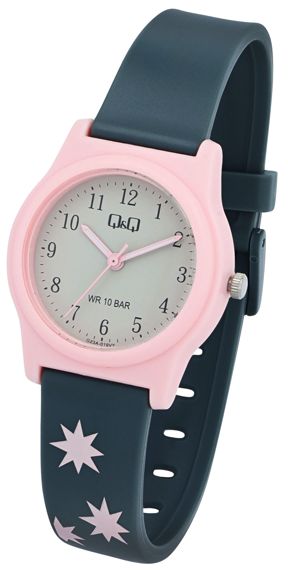 Q&Q Kinderuhr Ø 31 mm, Resinband, graublau/ rosa - Sterne
