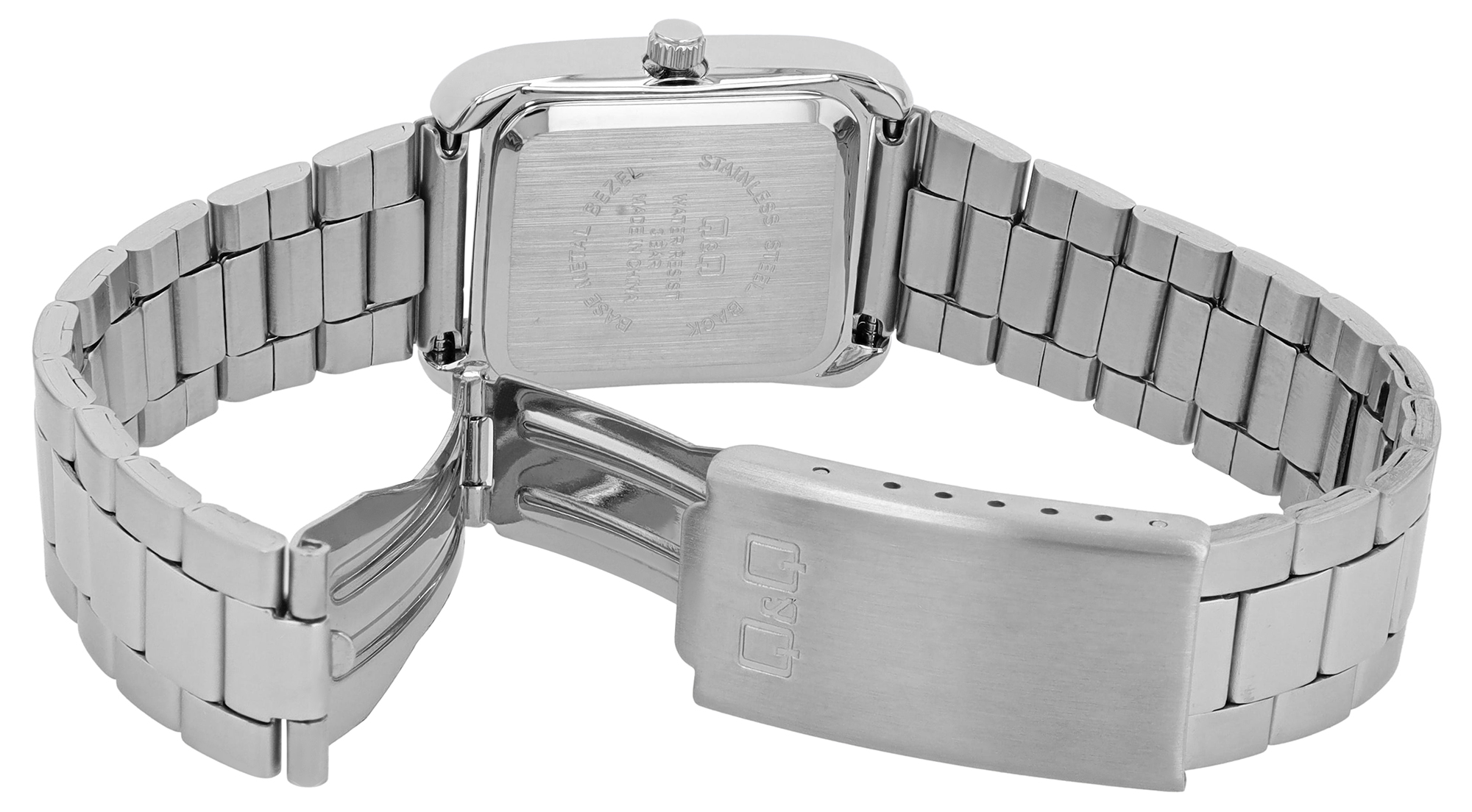 Q&Q Damenuhr (rechteckiges Gehäuse 30 × 22 mm), Edelstahlband, silberfarben/ rot