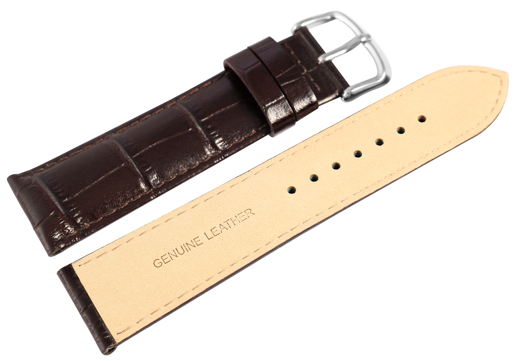 Uhrenarmband aus Echt Leder, Kroko-Optik, dunkelbraun, 22 mm