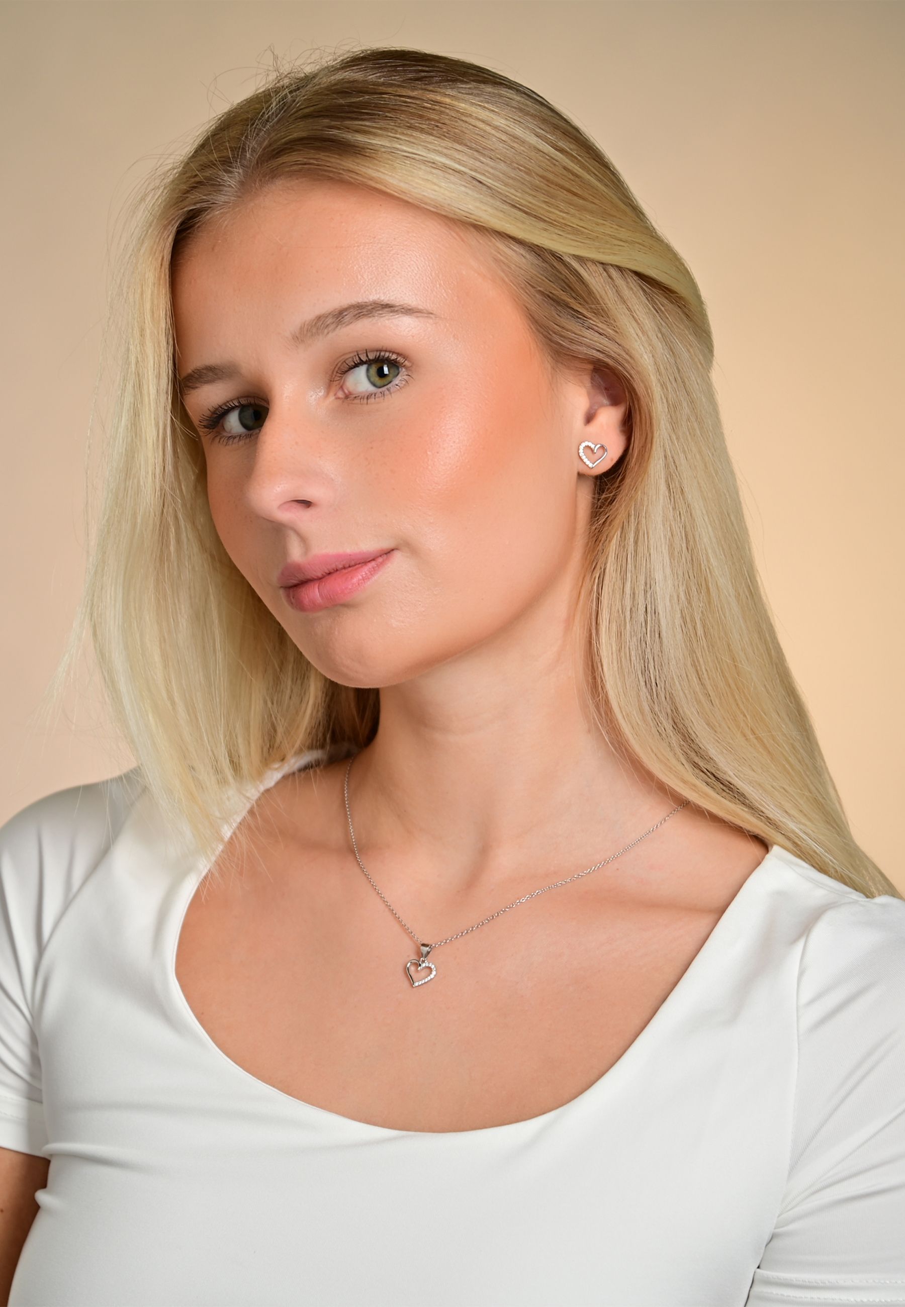 925/- Echt Silber Schmuckset "Heleen" mit Ohrsteckern und Anhänger, Herzen, Zirkoniabesatz, 925/rhodiniert