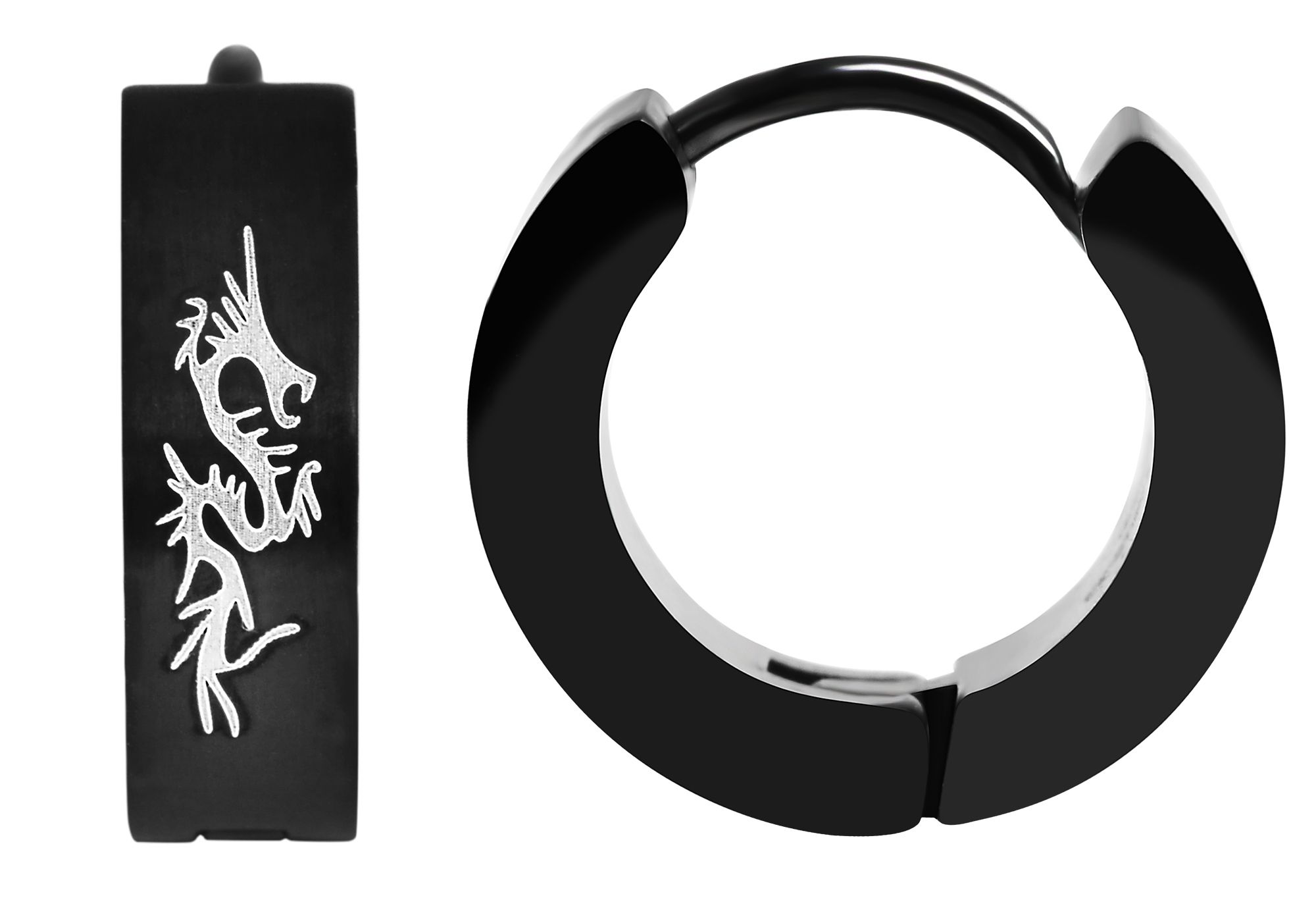 "Spyro" Edelstahl Creolen Ø 9 mm (Herren) - Drachen-Tribal-Muster, schwarz