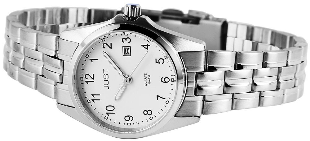 Just "Esrah" Edelstahl Damenarmbanduhr, 3-Zeiger, Datumsanzeige, silberfarben/ weißes ZB