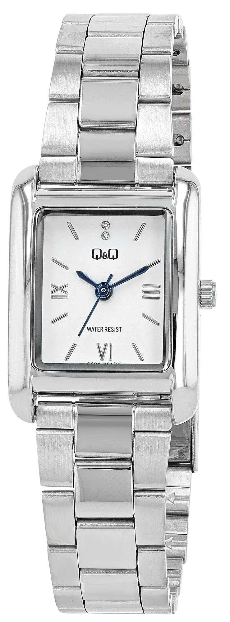 Q&Q Damenuhr (rechteckiges Gehäuse 30 × 22 mm), Edelstahlband, silberfarben/ weiß