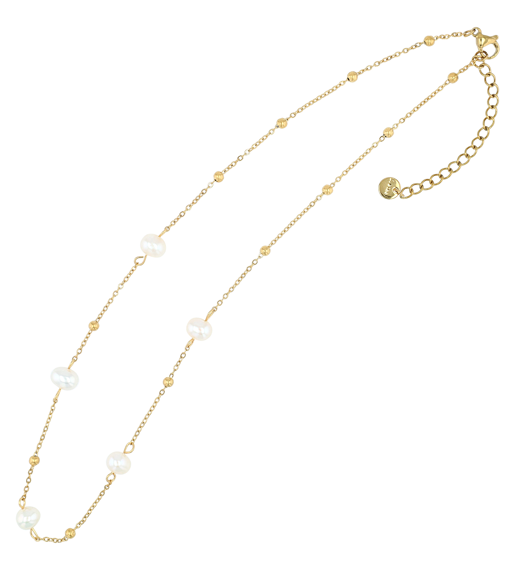 "Myka" Edelstahl Kette mit Süßwasserperlen/ Edelstahlkugeln, goldfarben 40 + 5 cm