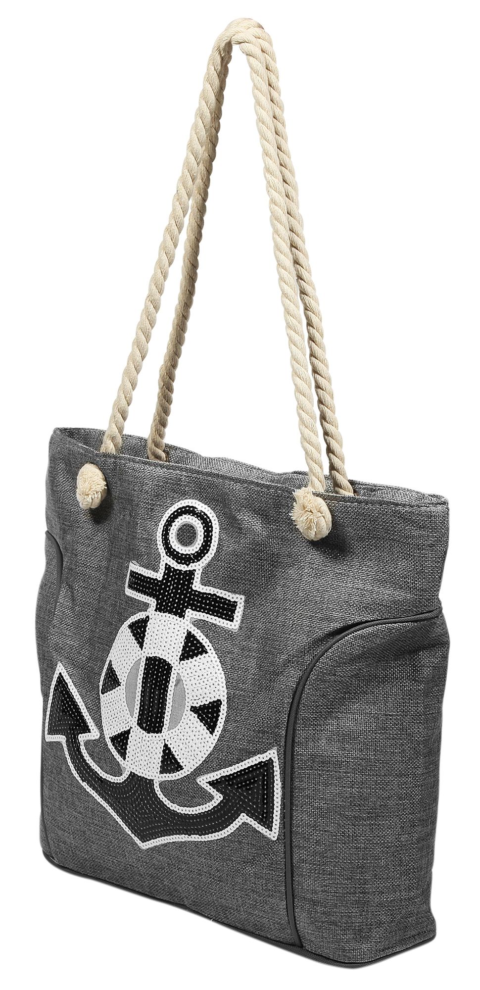 Strandtasche aus Nylon, Ankermotiv aus Pailletten, grau