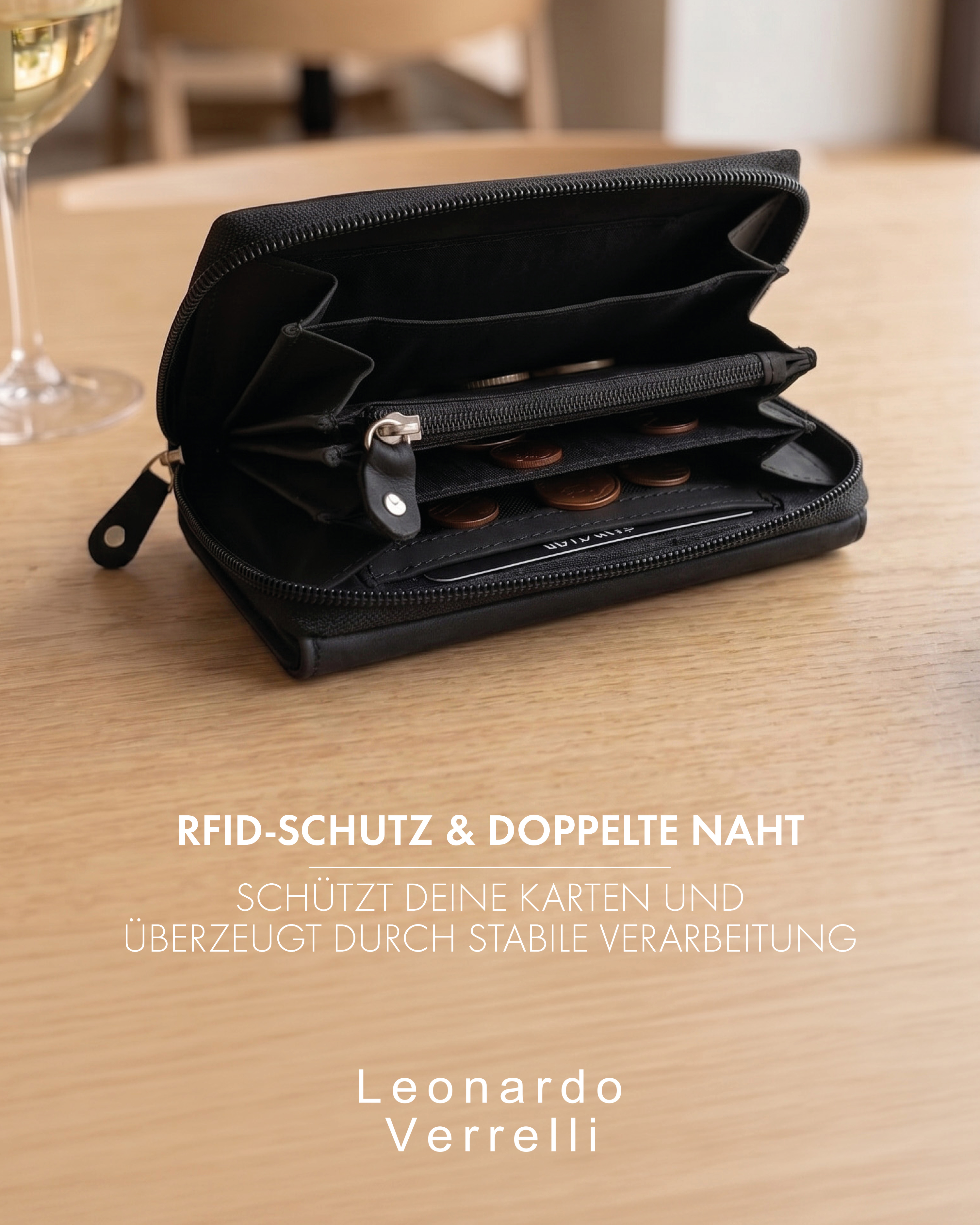 Leonardo Verrelli Echtleder (Hunter) Damen Geldbörse, Querformat, RFID, schwarz