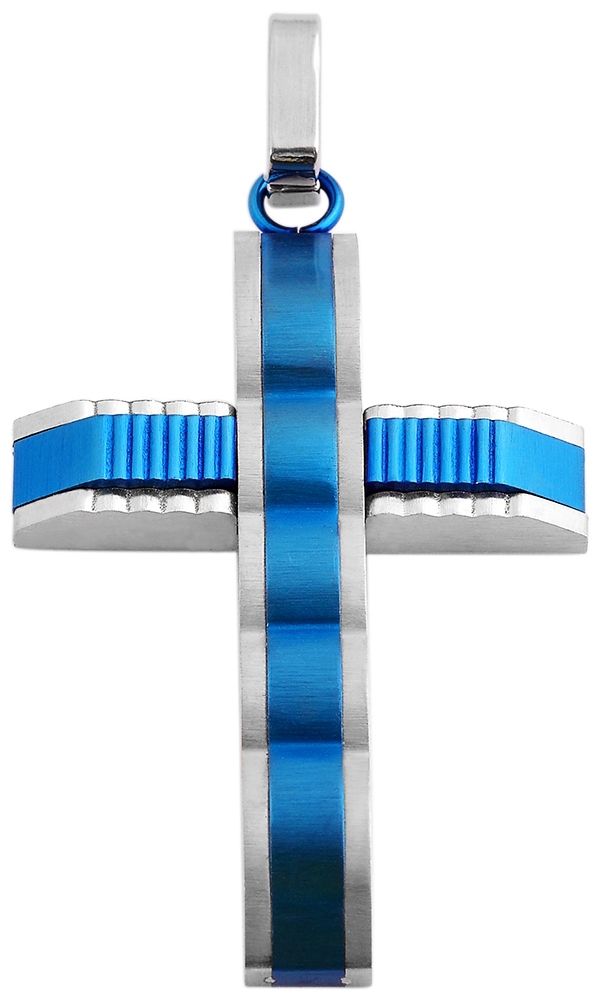 Akzent Kreuz Edelstahlanhänger mit IP Beschichtung, silberfarbig und blau