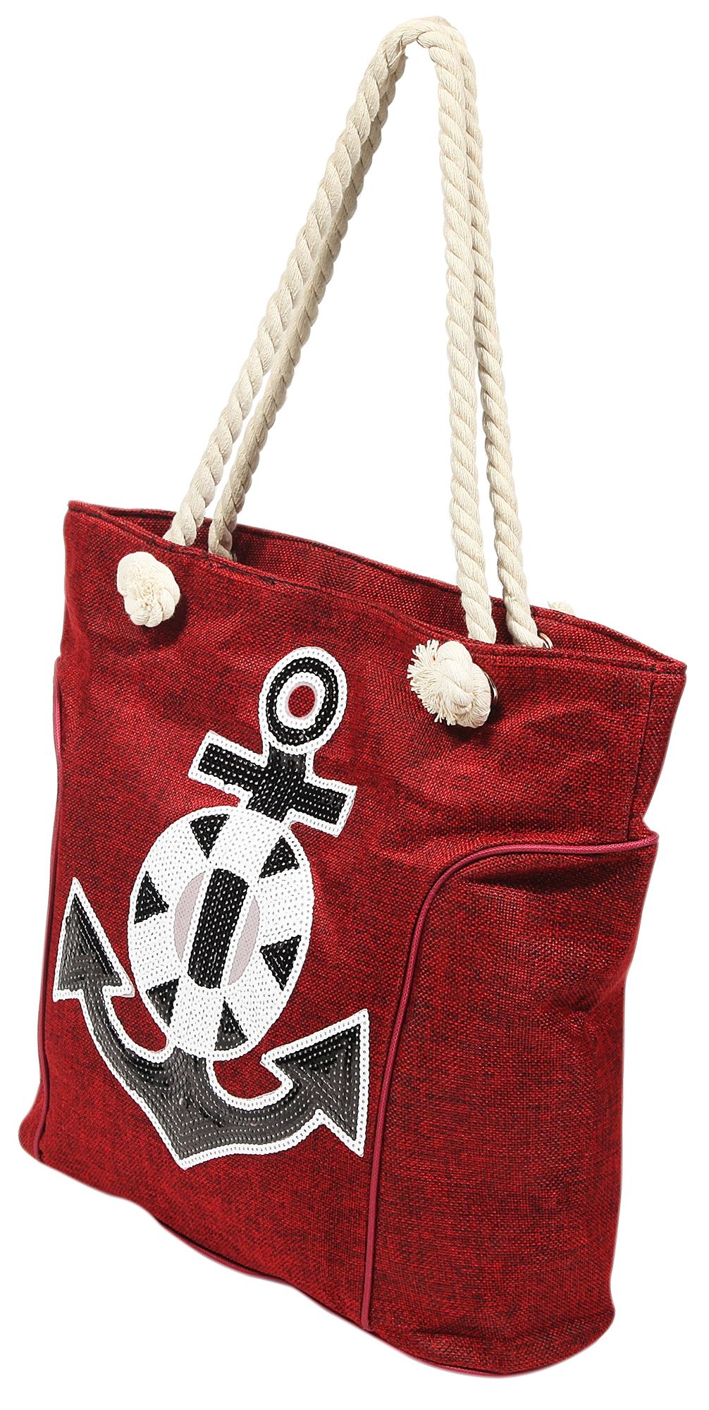 Strandtasche aus Nylon, Ankermotiv aus Pailletten, rot