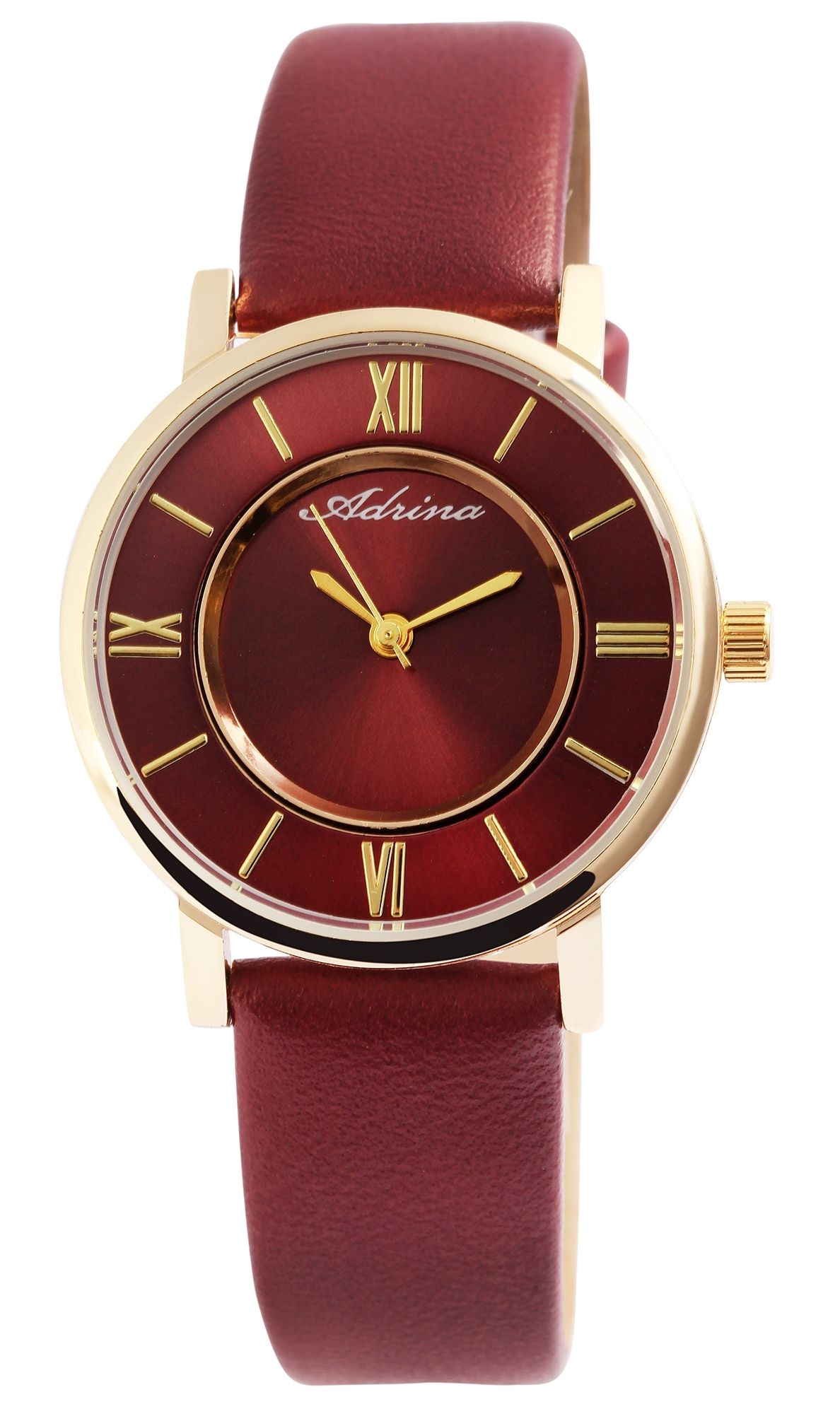 Adrina Damenuhr mit Lederimitationsband, Ø 32 mm, dunkelrot/ goldfarben