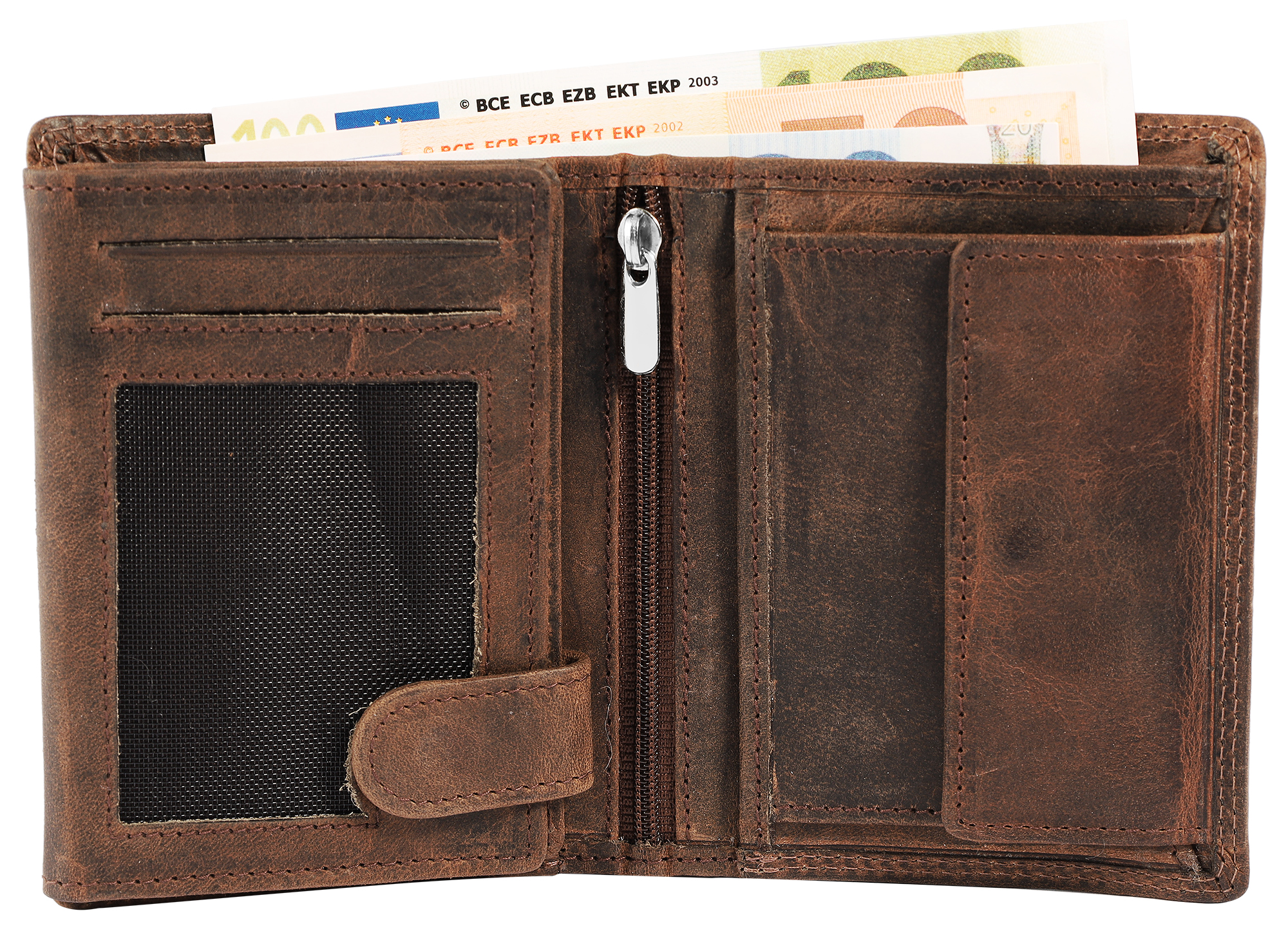 Akzent Echt Leder (Hunter-Leder) Geldbörse, RFID, Hochformat, "Fischer/ Angler", braun