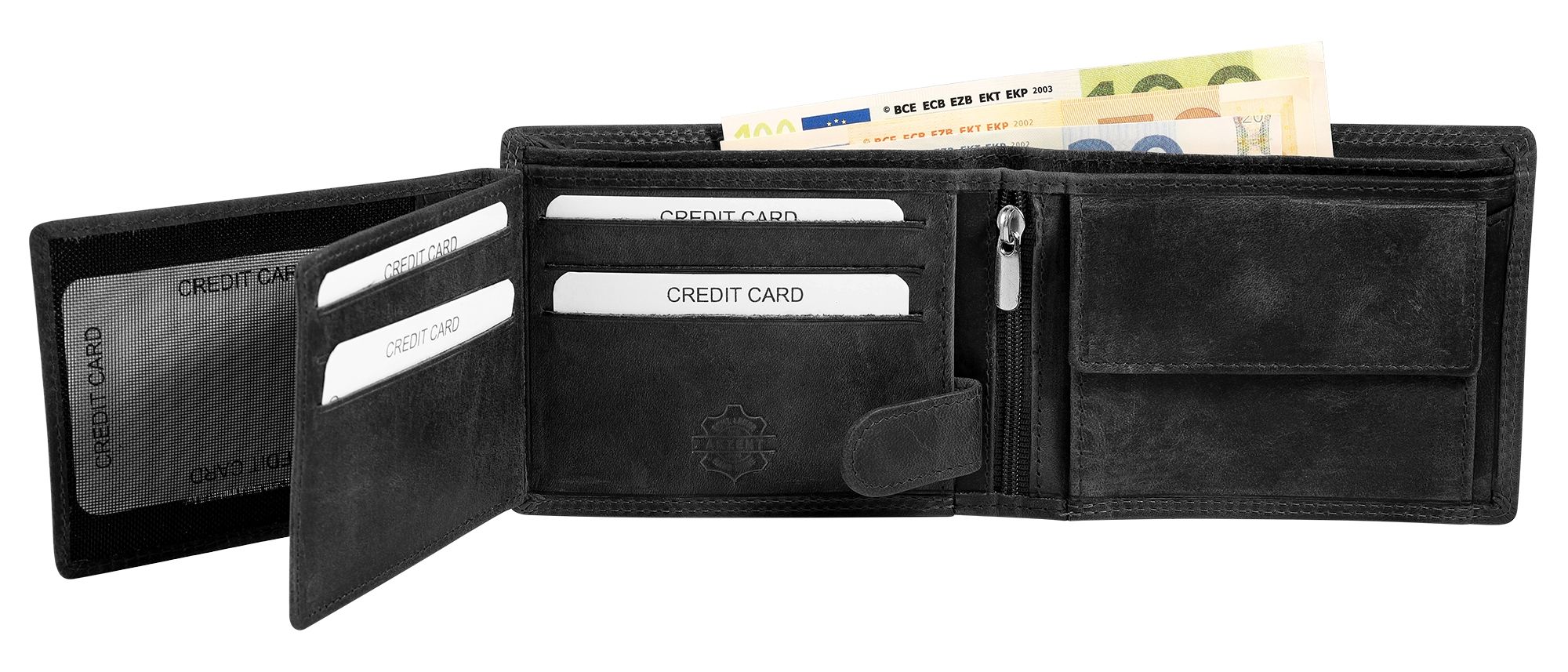 Akzent Echt Leder (Hunter-Leder) Geldbörse, RFID, Querformat, "Jäger", schwarz