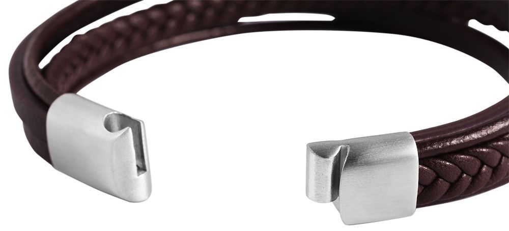 "Eddie" Akzent Echtleder/Lederimitat Armband, geflochten, dunkelbraun, silberfarben, 22 cm