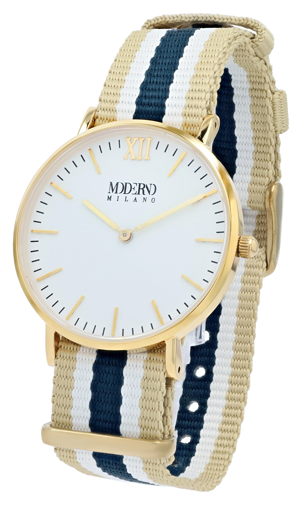 Moderno Milano Edelstahl Damenuhr 36,5 mm, Saphirglas & Nylon-NATO-Band (Blau-Beige-Weiß), goldfarben