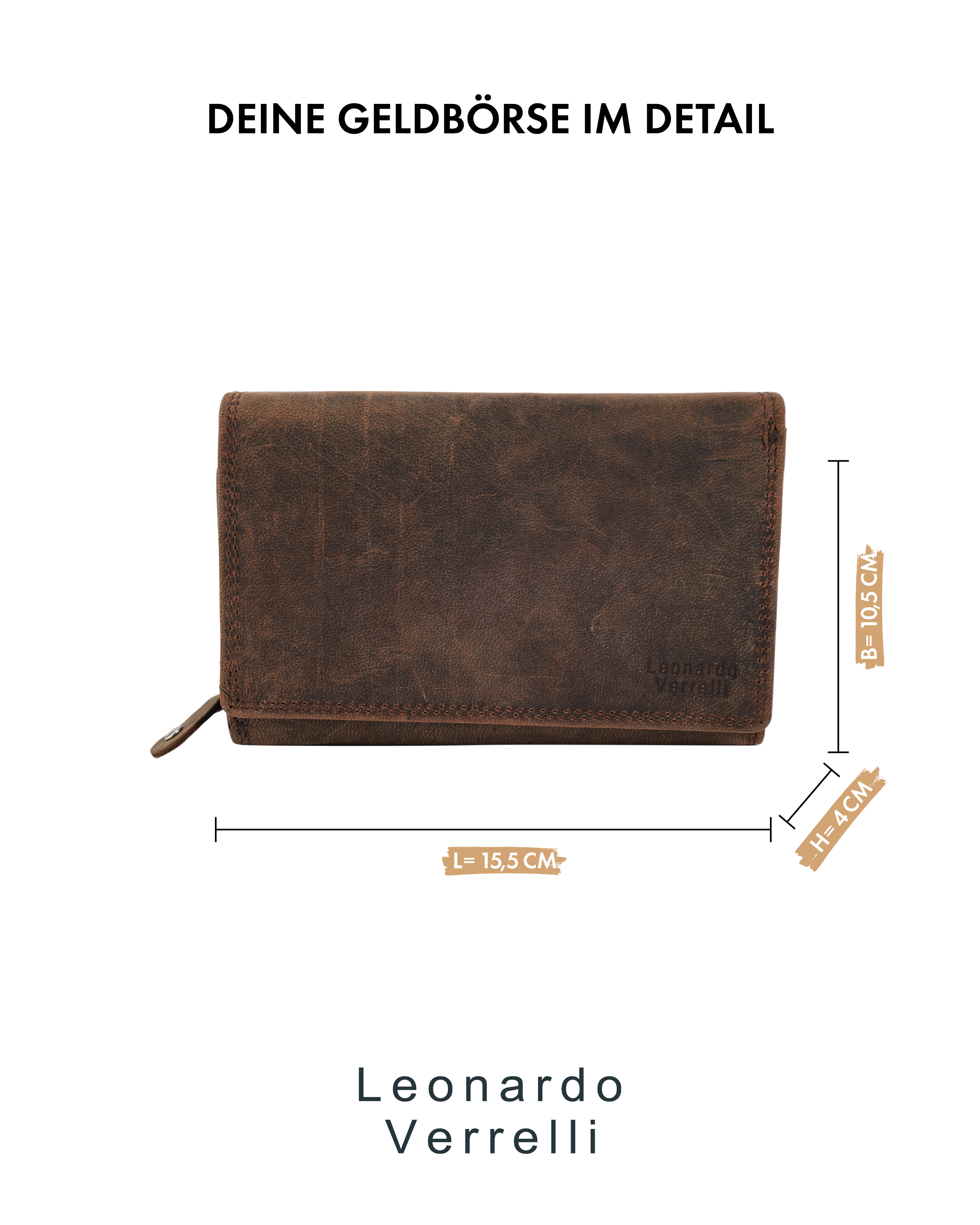 Leonardo Verrelli Echtleder (Hunter) Damen Geldbörse, Querformat, RFID, dunkelbraun