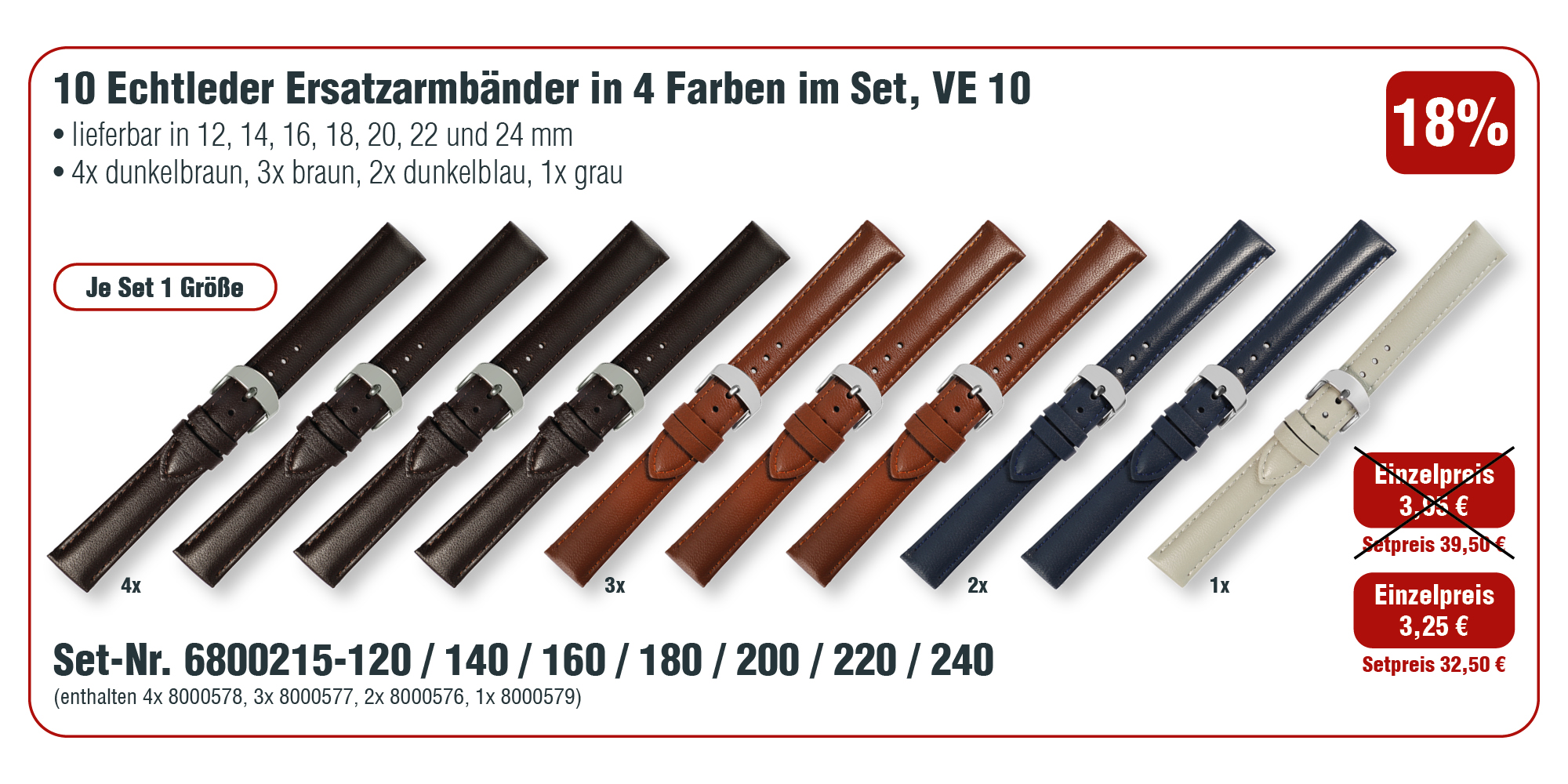 10  Echt Leder Ersatzuhrenarmbänder in 4 Farben im Set, VE 10