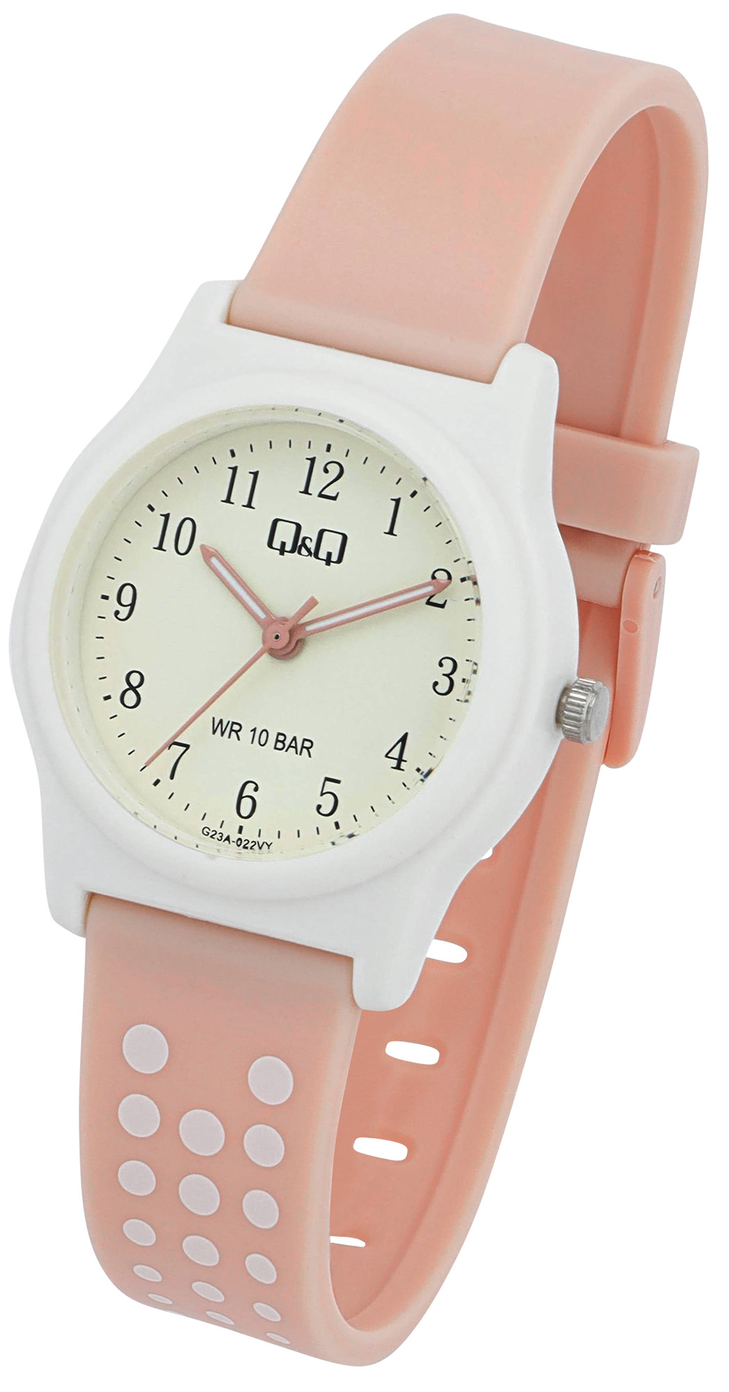Q&Q Kinderuhr Ø 31 mm, Resinband, Peach (rosa)/ weiß - Punktemuster