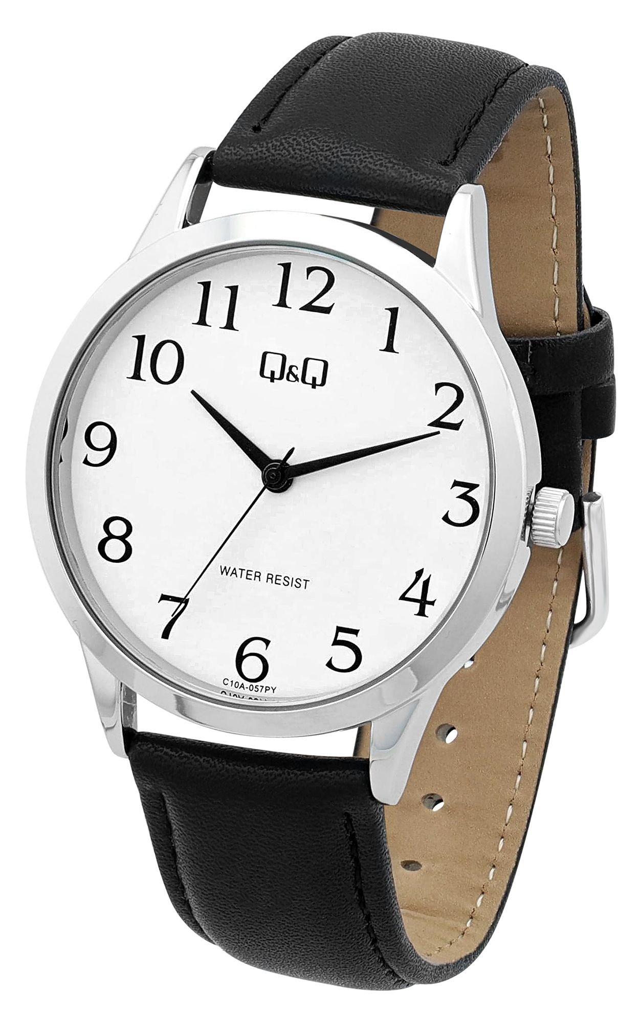 Q&Q Herrenuhr, Lederimitat, Ø 40 mm, schwarz/ silberfarben/ weiß