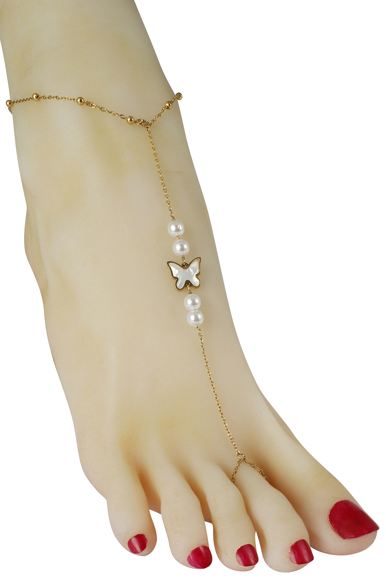 "Daisy" Fußkette mit Zehenring, Schmetterling und Perlen, goldfarben, 21 + 5 cm