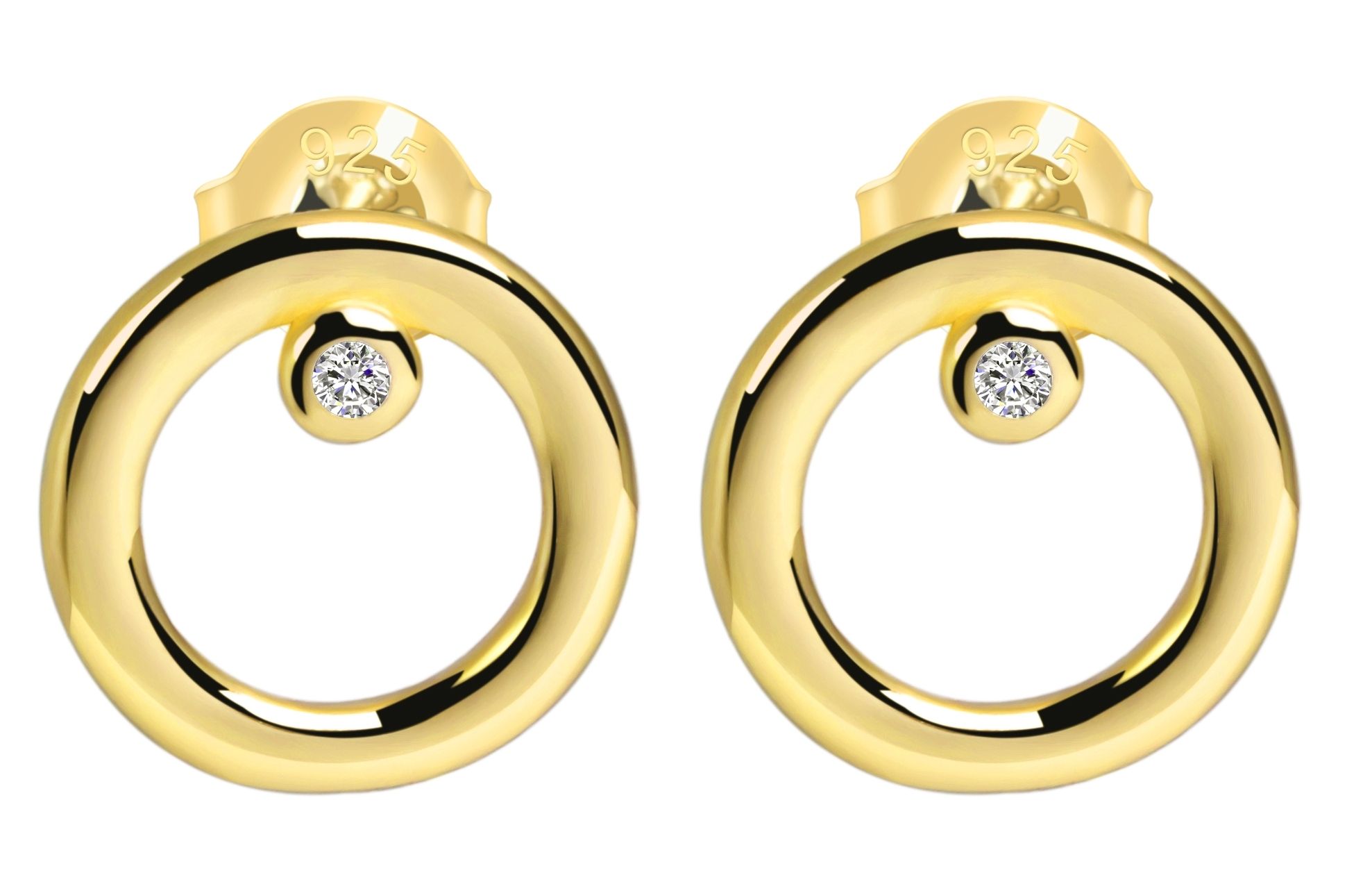 925/- Echt Silber Ohrstecker "Beatrice" mit Zirkonia, rund, vergoldet