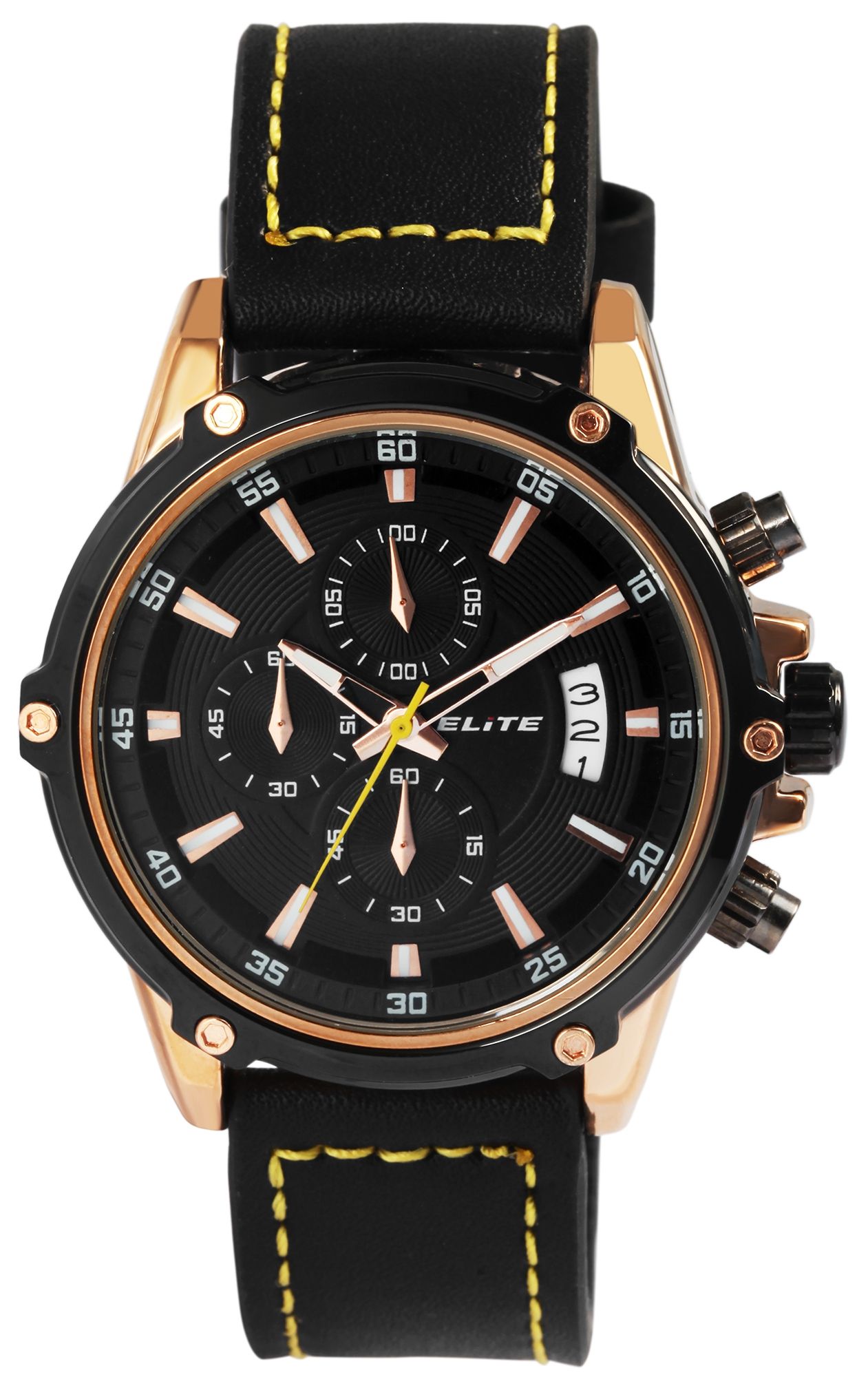 ELITE Herrenchronograph mit Echtlederband, schwarz/gelb