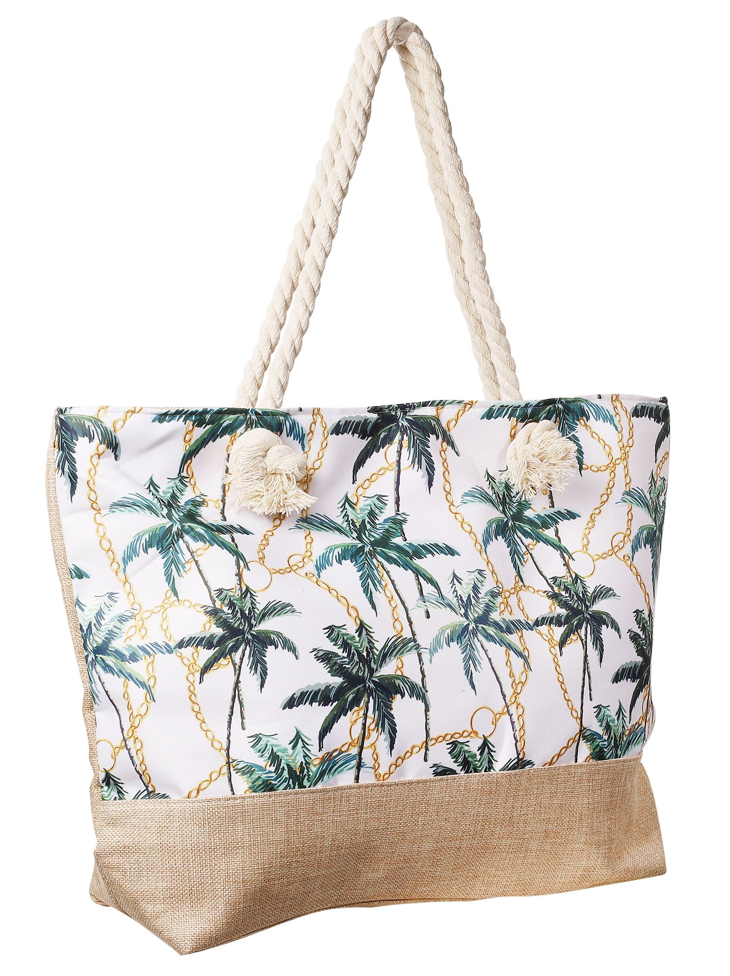 Strandtasche mit maritimen Motiven, weiß mit grünen Palmen