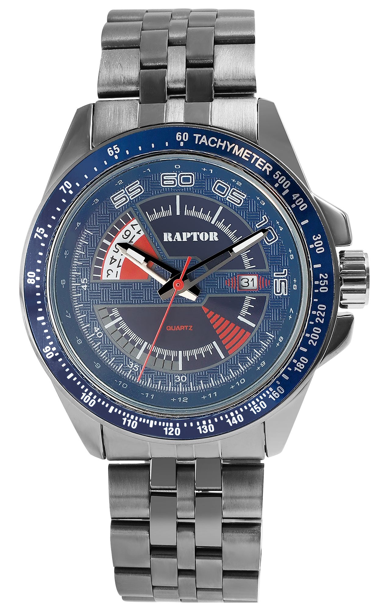 Raptor Herrenuhr "Elarian" mit Edelstahlarmband, Datumsanzeige, 5 ATM, schwarz/blau