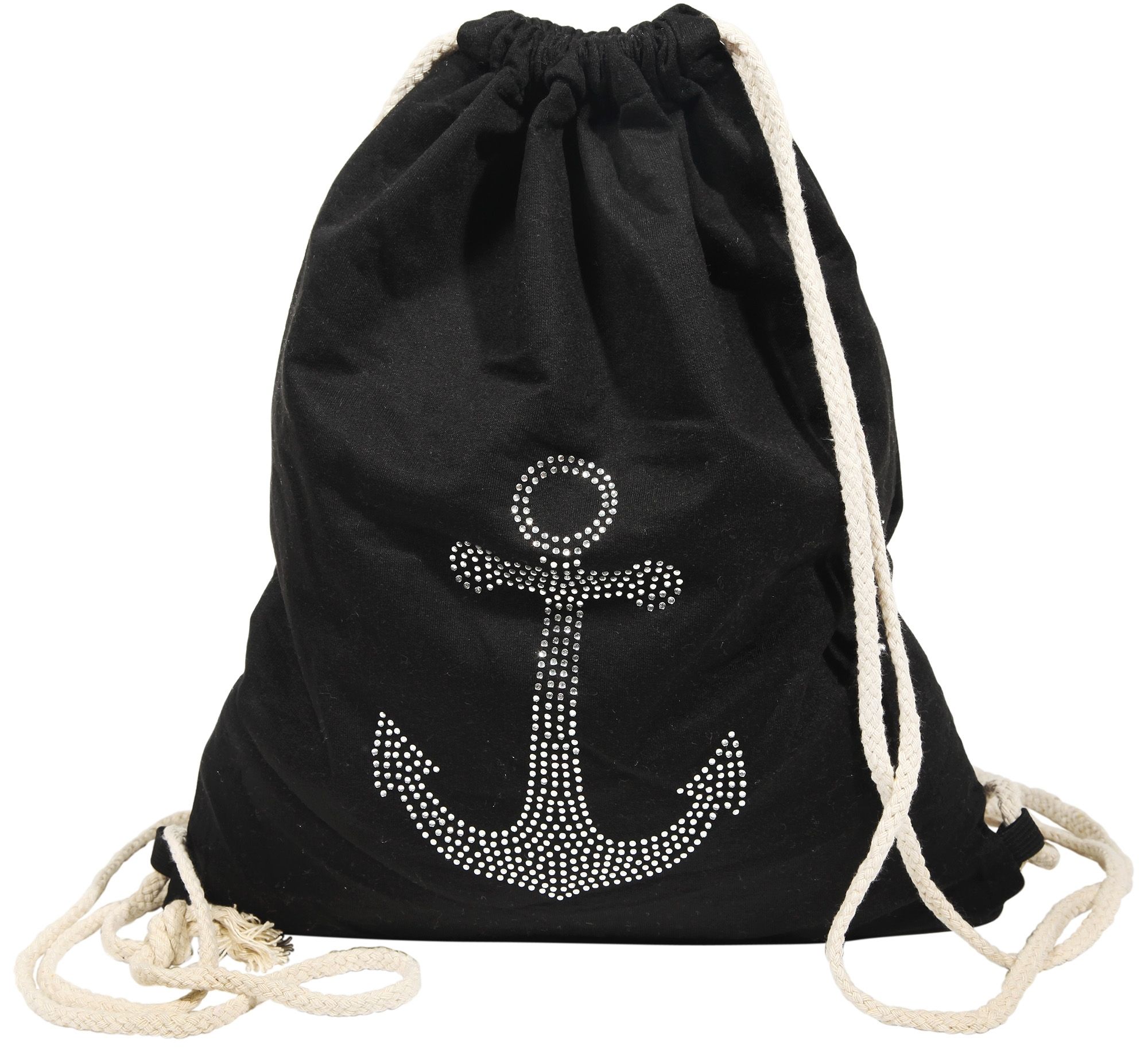 Turnbeutel aus Textil, Anker mit Strass, schwarz