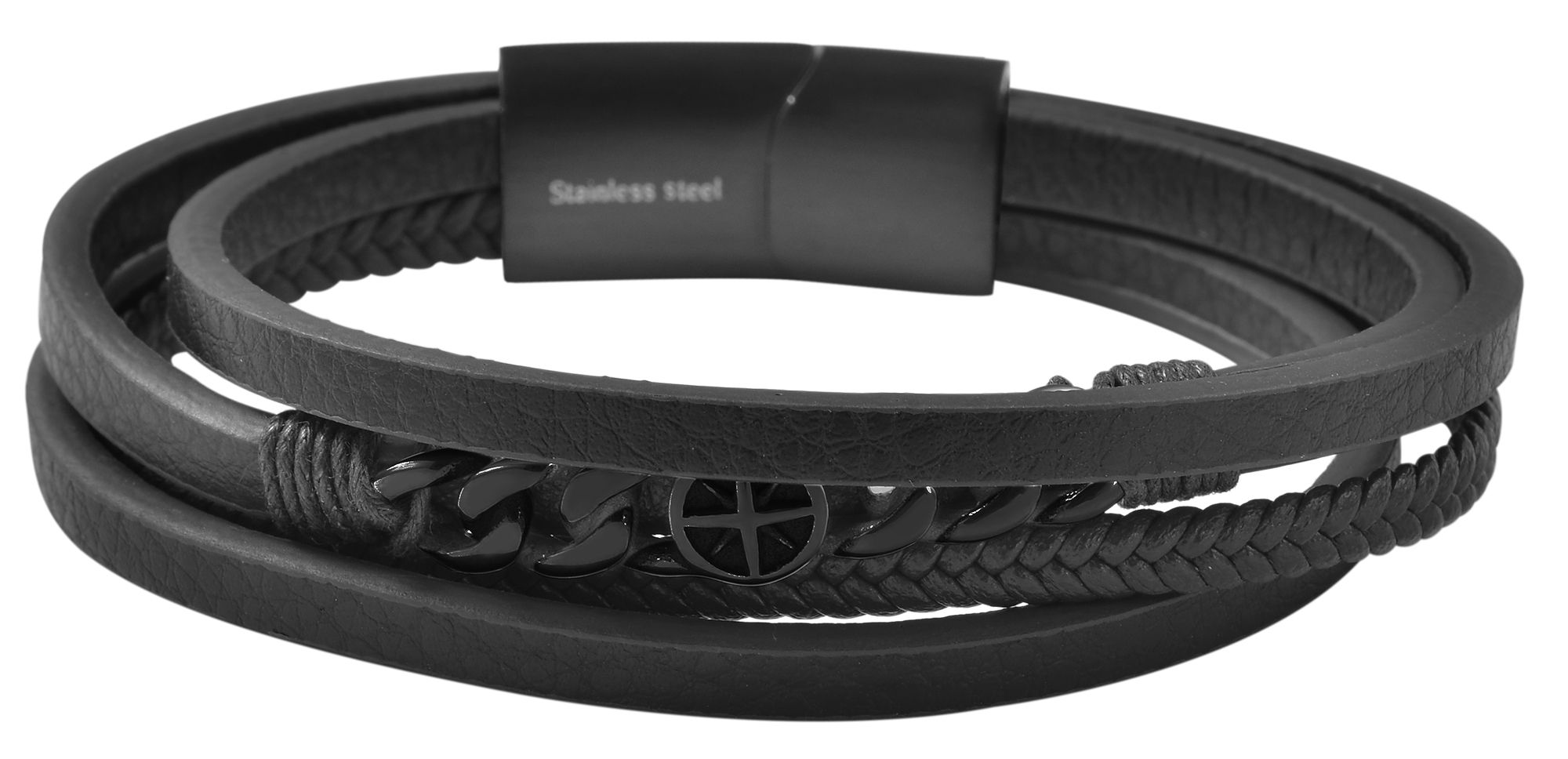 Akzent Armband aus Lederimitation mit Edelstahlelement, Ionenplattiert, schwarz, 19 cm