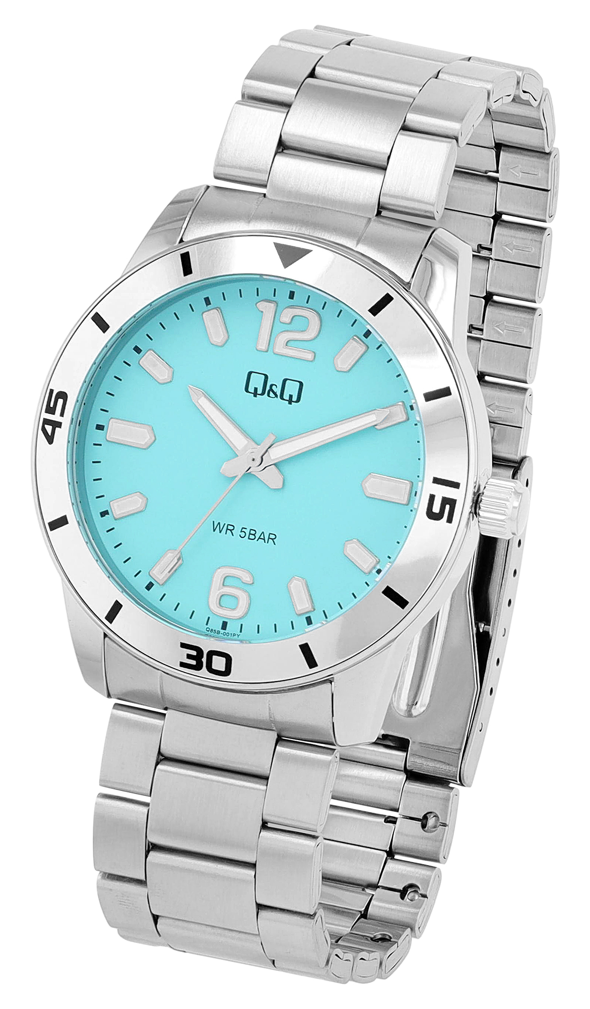 Q&Q Herrenuhr, Edelstahlgliederarmband, Faltschließe, silberfarben/türkis, 5ATM, Ø 42 mm