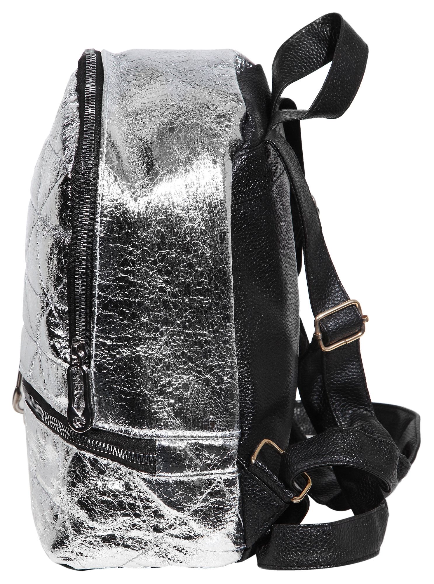 Damen-Rucksack aus Lederimitat, silberfarbig, schwarz, Länge: 26 cm / Breite: 23,5 cm / Stärke: 11,5 cm