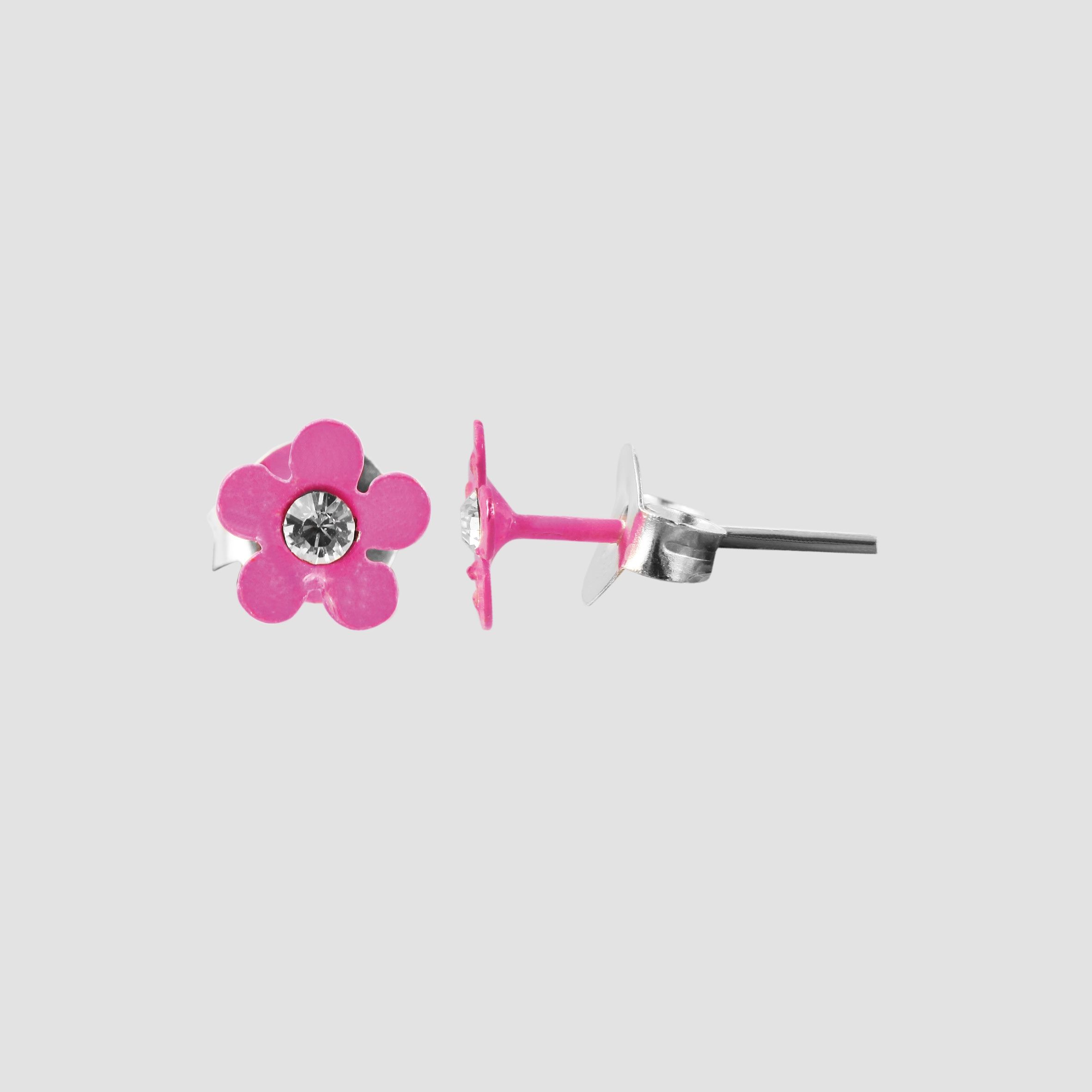 925/- Echt Silber Kinder Ohrstecker "Florette", Blume mit Similistein, pink