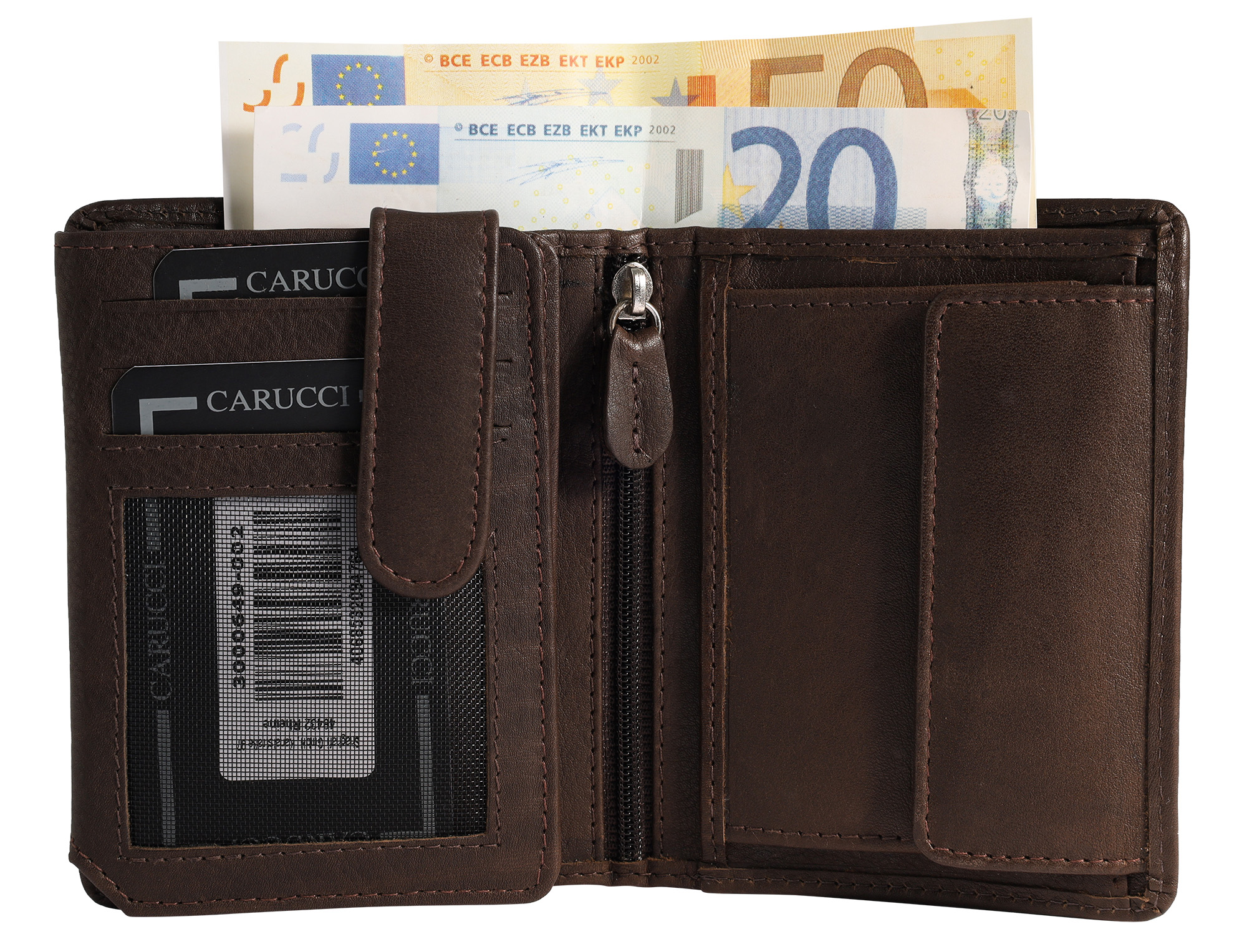 Carucci Echtleder (Bonanza) Geldbörse mit Box, RFID, Hochformat, dunkelbraun/ braun