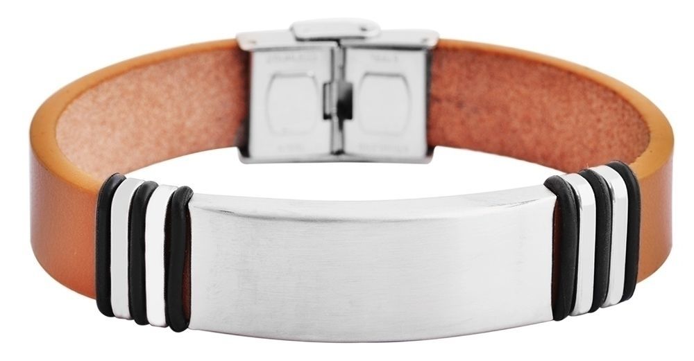 "Tim" Echtlederarmband mit Gravurplatte, 21 cm, braun/ silberfarben