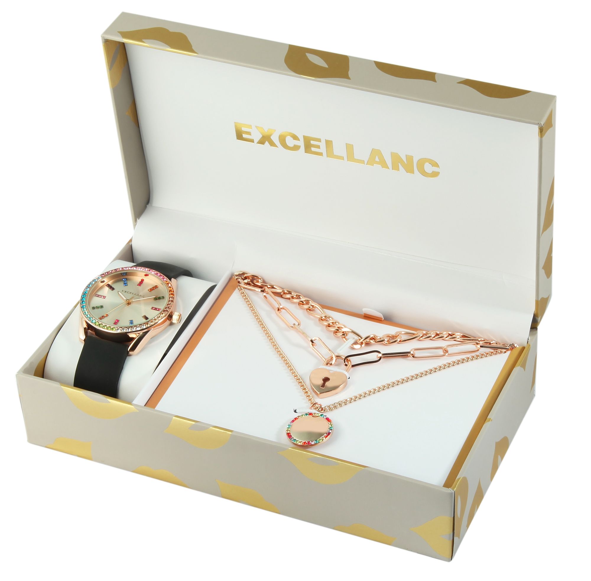 Excellanc Geschenkset mit Damenarmbanduhr und drei Ketten, bunter Similibesatz, roségoldfarben
