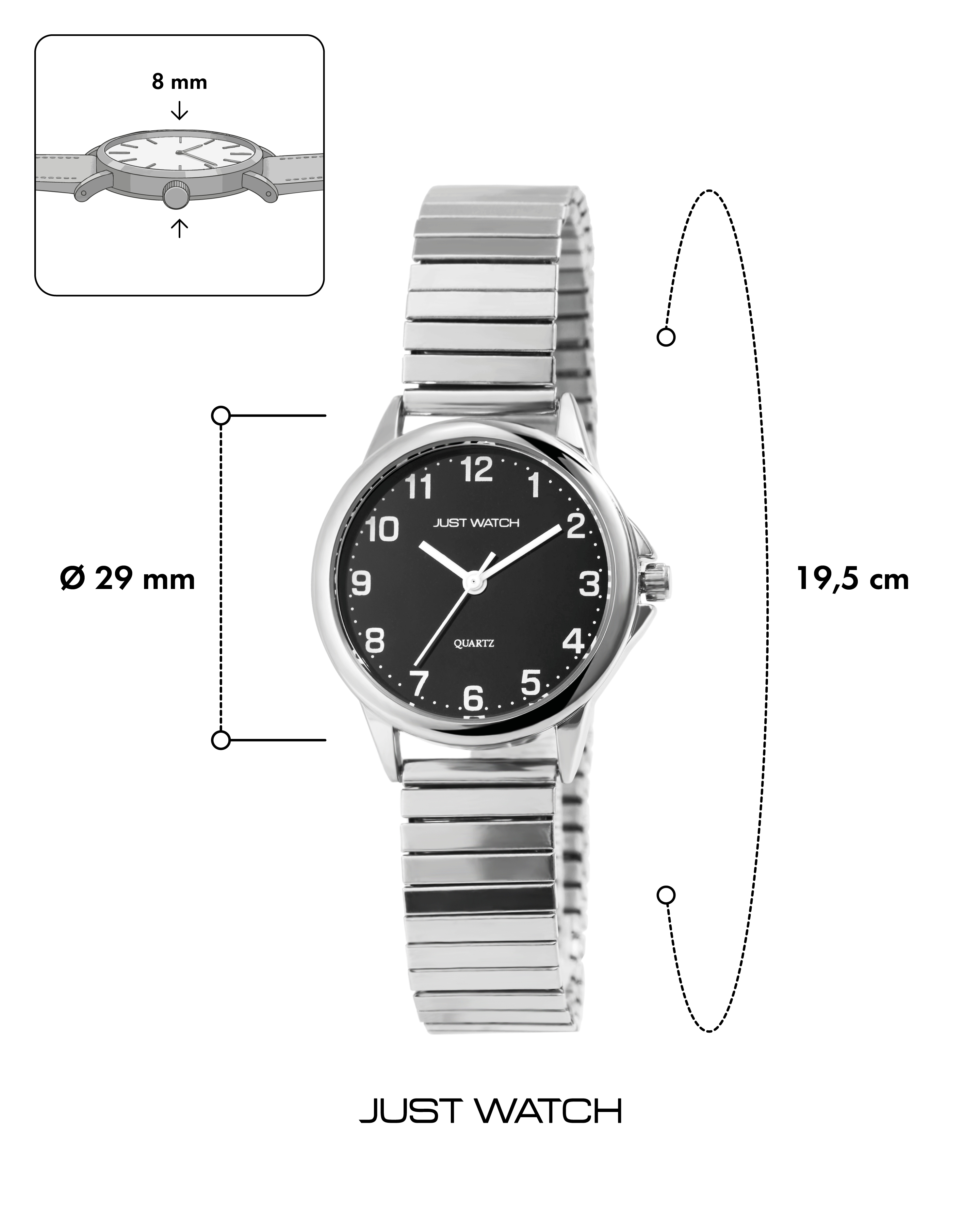 JUST WATCH "Angelique" Damenuhr Ø 29 mm Edelstahlzugband, silberfarben/ schwarz