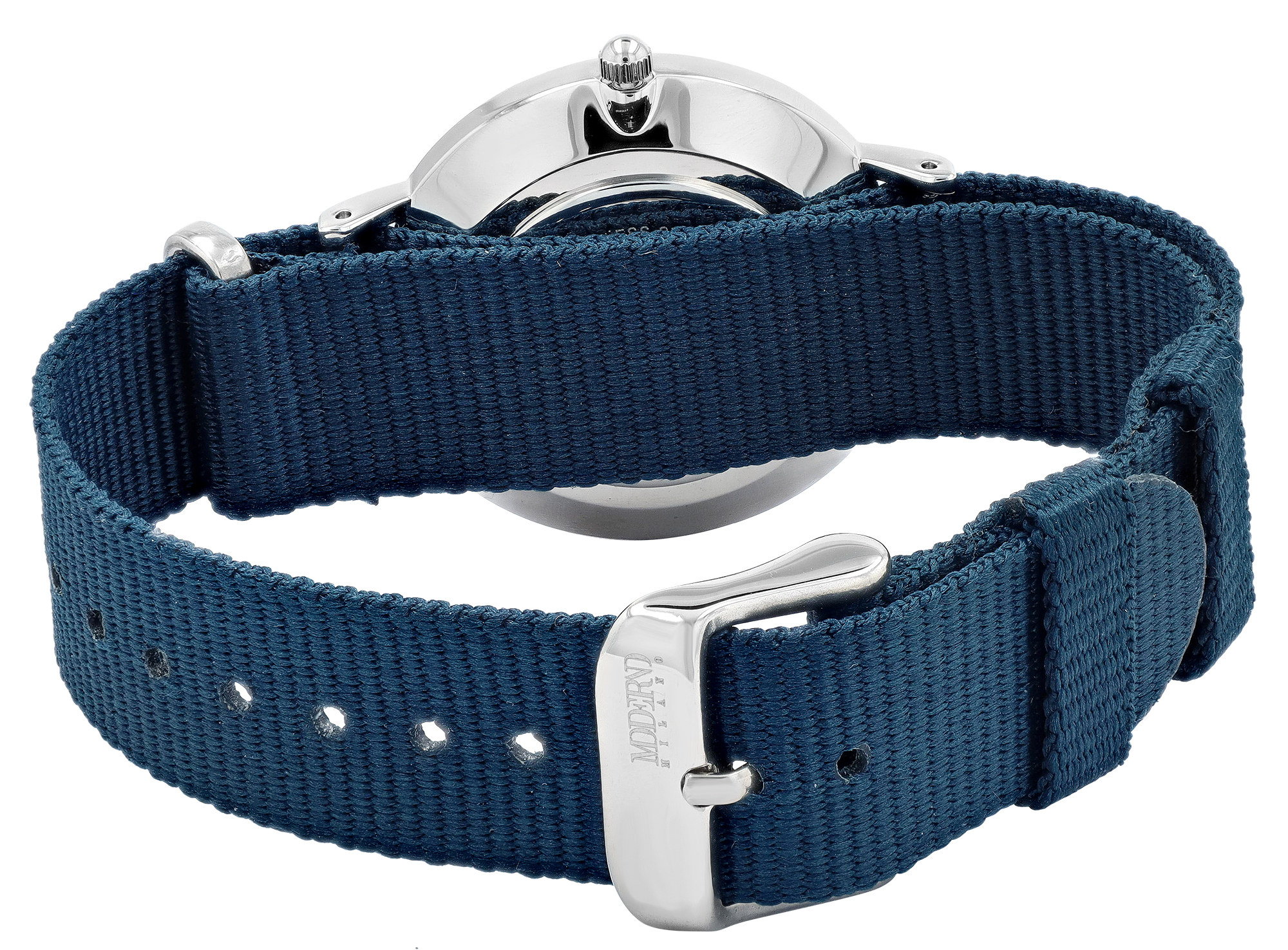 Moderno Milano Edelstahl Damenuhr 36,5 mm, Saphirglas & Nylon-NATO-Band (Blau), silberfarben