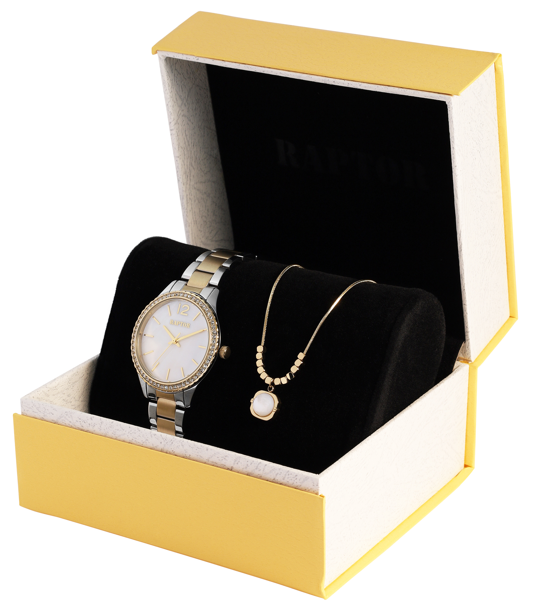 Raptor Damen Geschenkset - Damenuhr Edelstahlband mit Edelstahlkette 40,5 + 5 cm & Anhänger