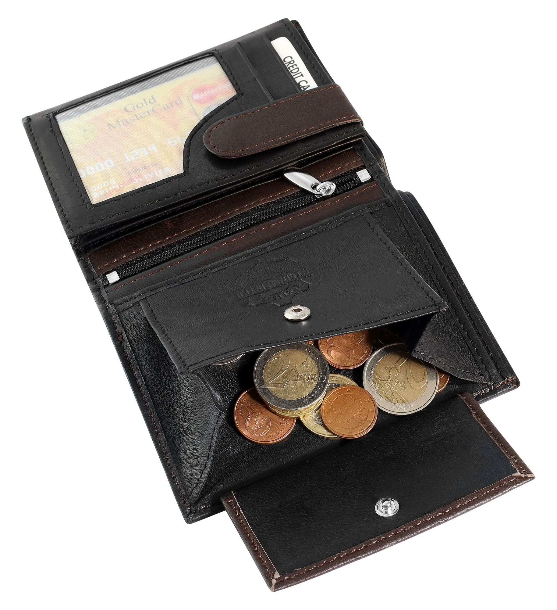 Steinmeister Geldbörse aus Echtleder, Hochformat, schwarz/dunkelbraun