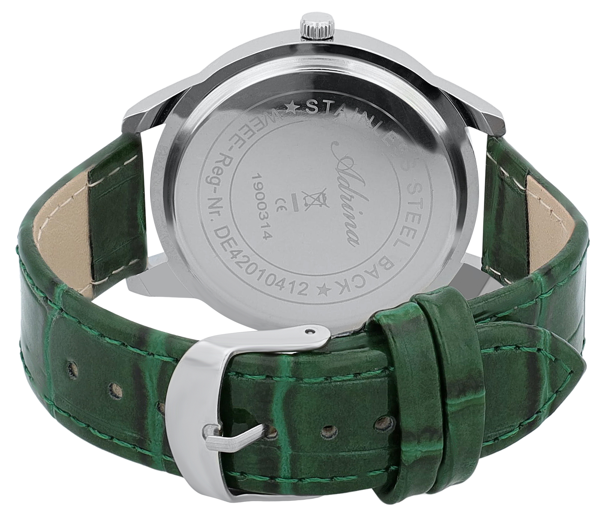 Adrina Damenuhr, Lederimitat Armband, Metall, Simili, silberfarben/grün