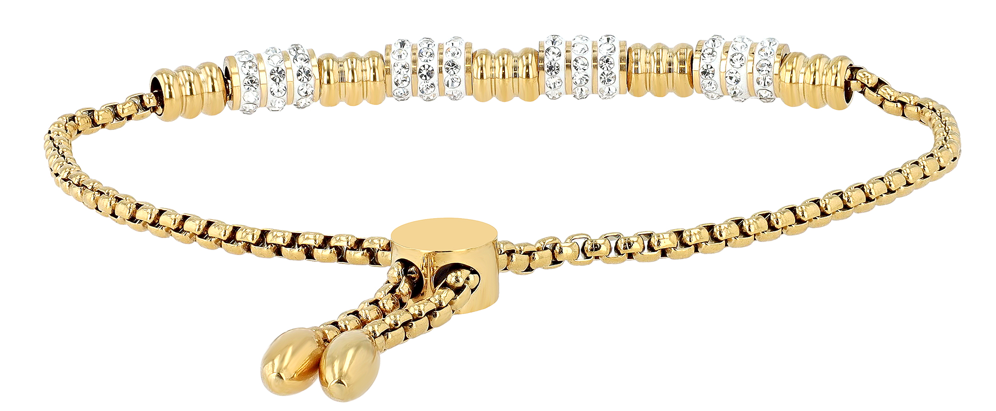"Rakel", Akzent Edelstahlarmband, Beads, Similibesatz, Ziehverschluss, goldfarben, 24 cm