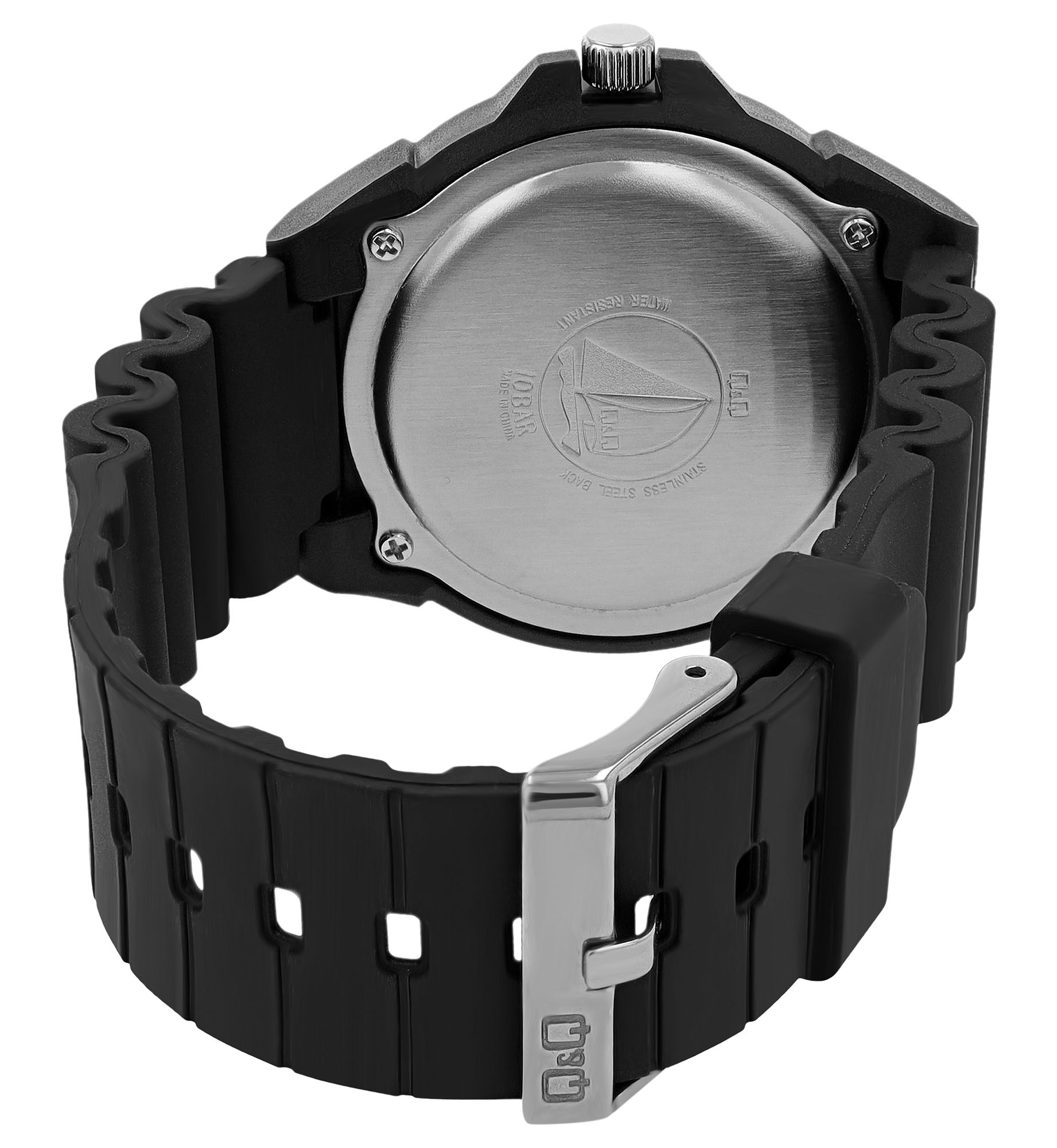 Q&Q Herrenuhr, Resinband, Ø 43 mm, schwarz/ blaue Details