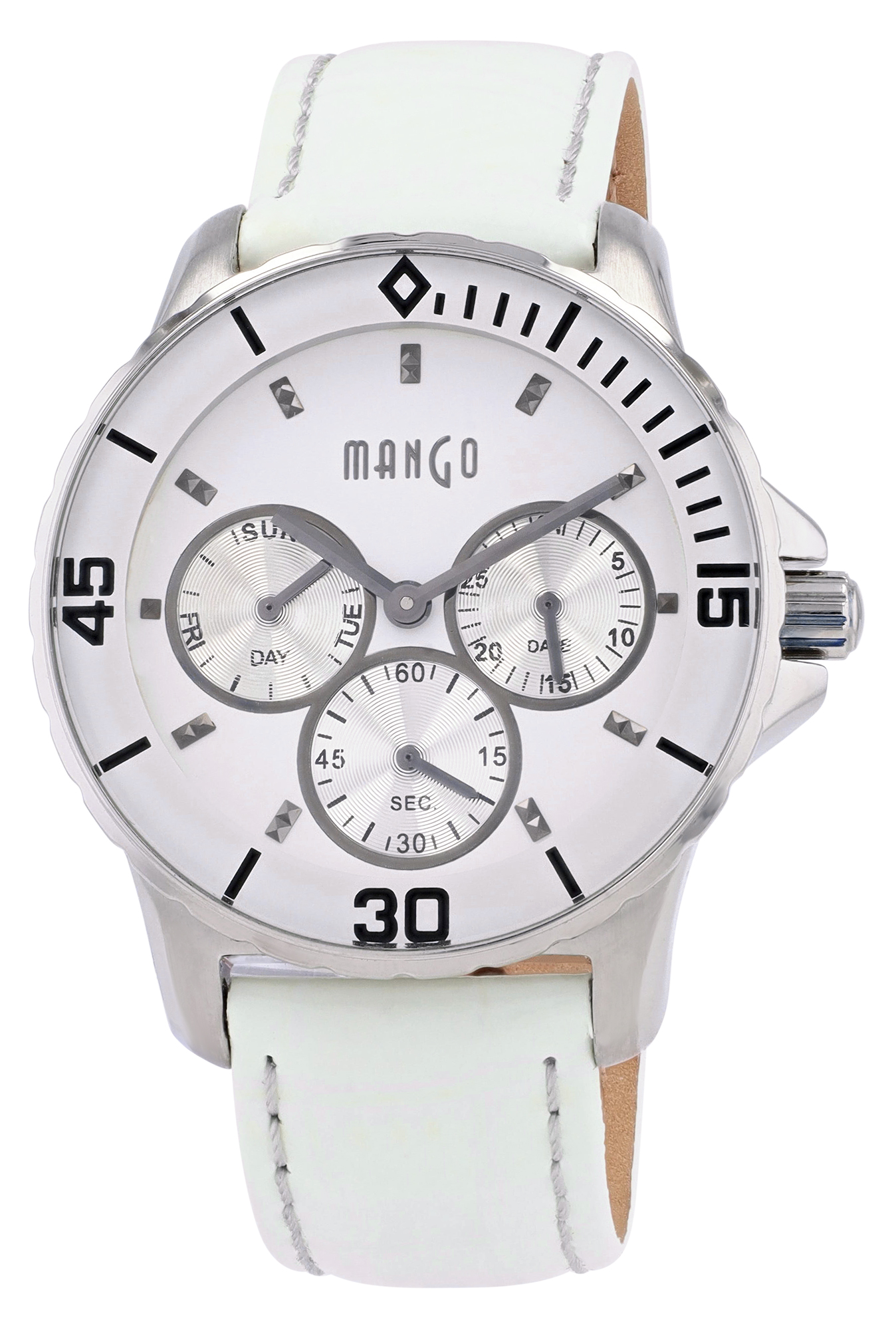 Mango Multifunktion Damenuhr Ø 37 mm, Echtlederband Koroko-Optik, weiß/ silberfarben