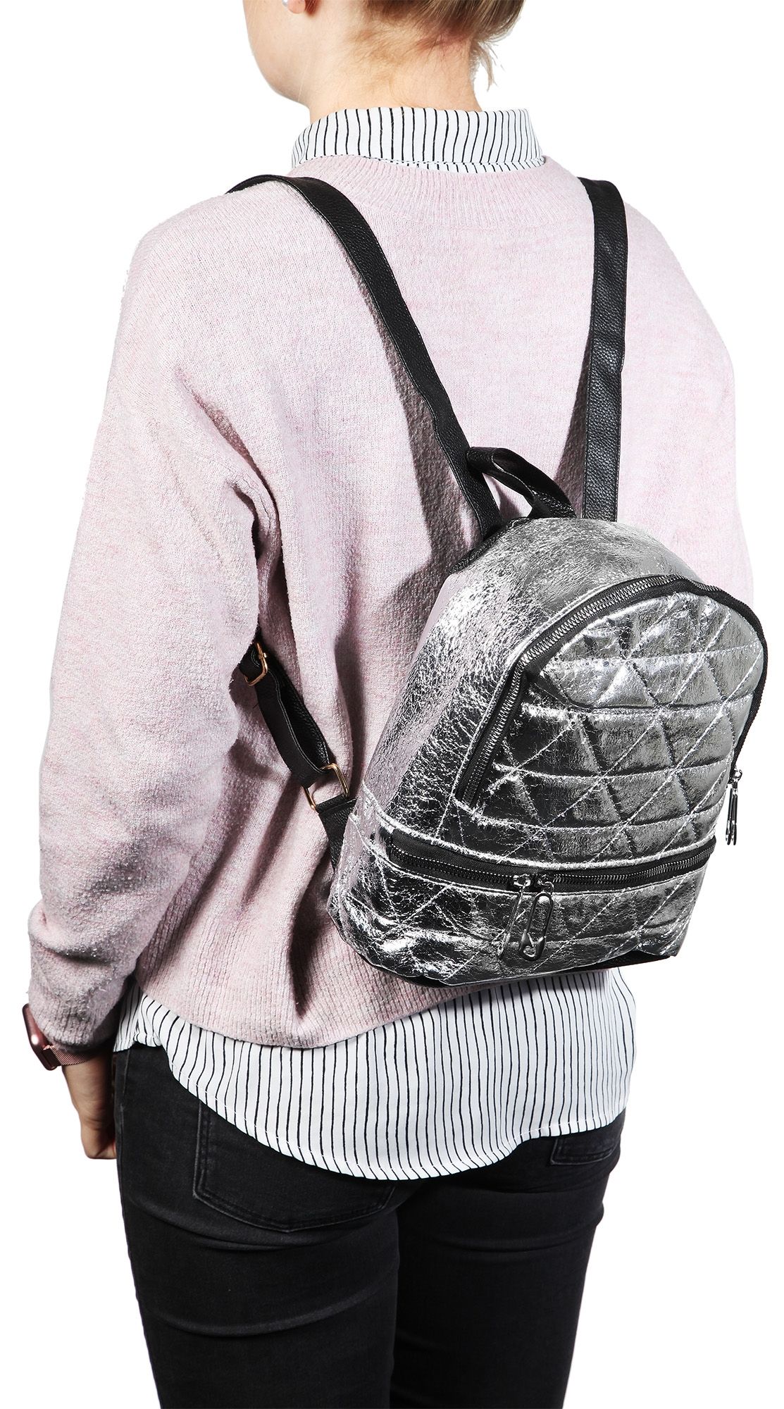 Damen-Rucksack aus Lederimitat, silberfarbig, schwarz, Länge: 26 cm / Breite: 23,5 cm / Stärke: 11,5 cm